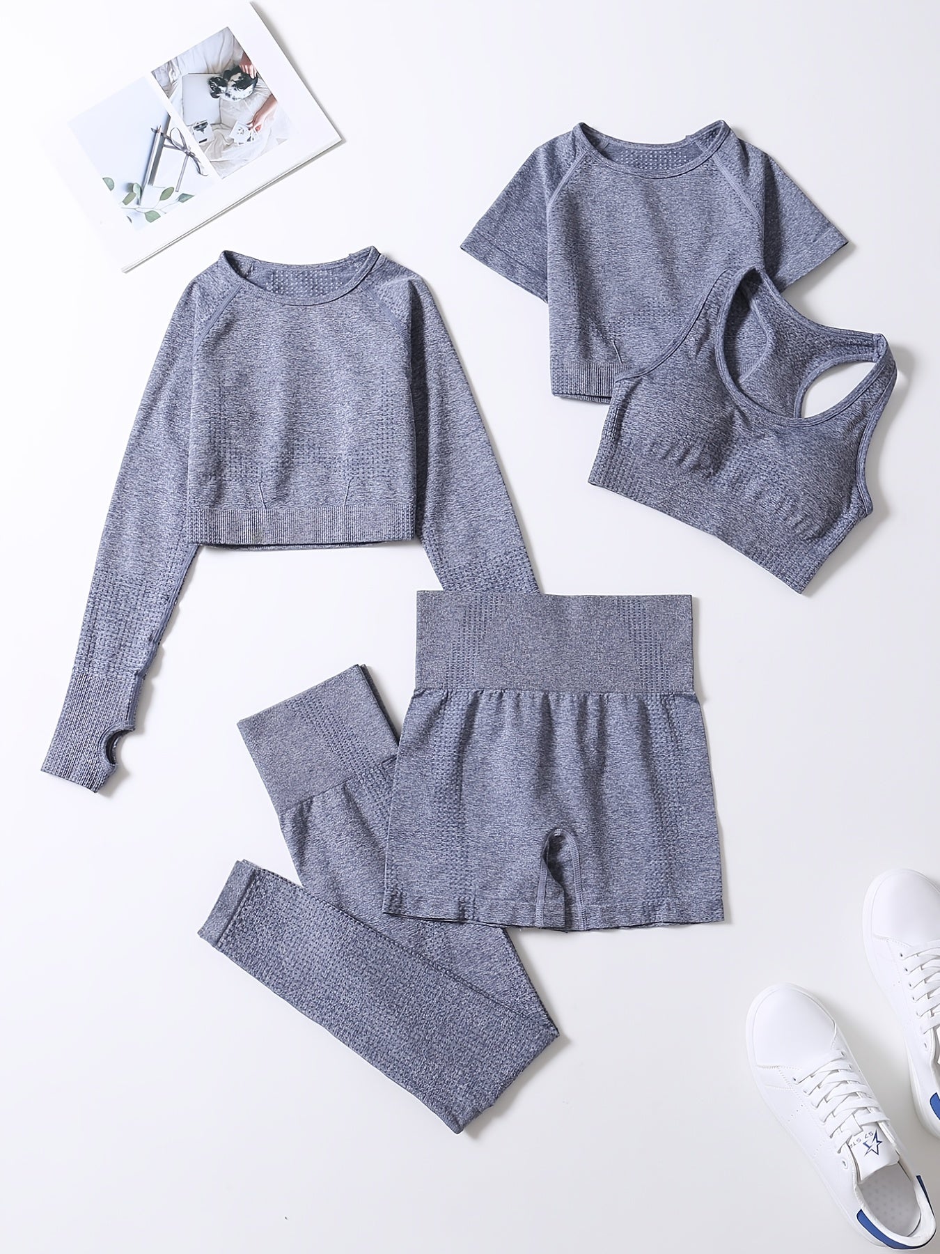 5pcs Seamless Yoga Suits, Racer Back Tank Top & Short Sleeve Cropped Top & Long Sleeve T Shirt & Shorts & Leggings Set, Women's Activewear