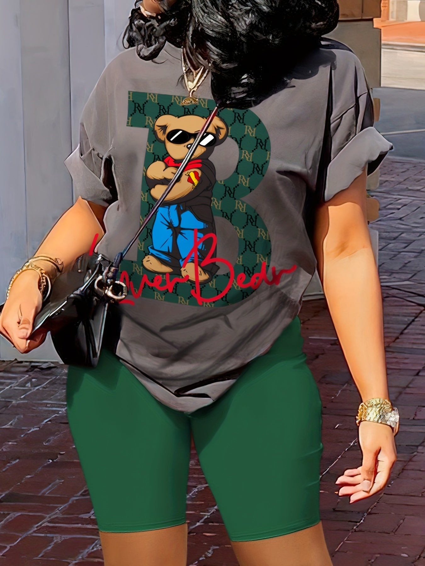 Women's Casual Cartoon Contrast Color 2-Piece Set, Short Sleeve Round Neck T-shirt And Biker Shorts Outfit, Lounge Wear