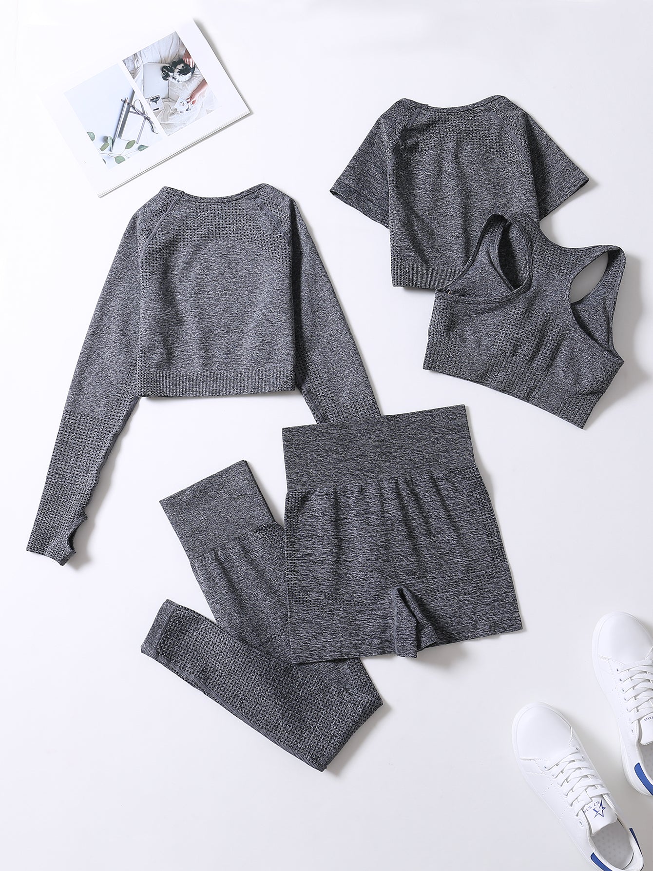 5pcs Seamless Yoga Suits, Racer Back Tank Top & Short Sleeve Cropped Top & Long Sleeve T Shirt & Shorts & Leggings Set, Women's Activewear