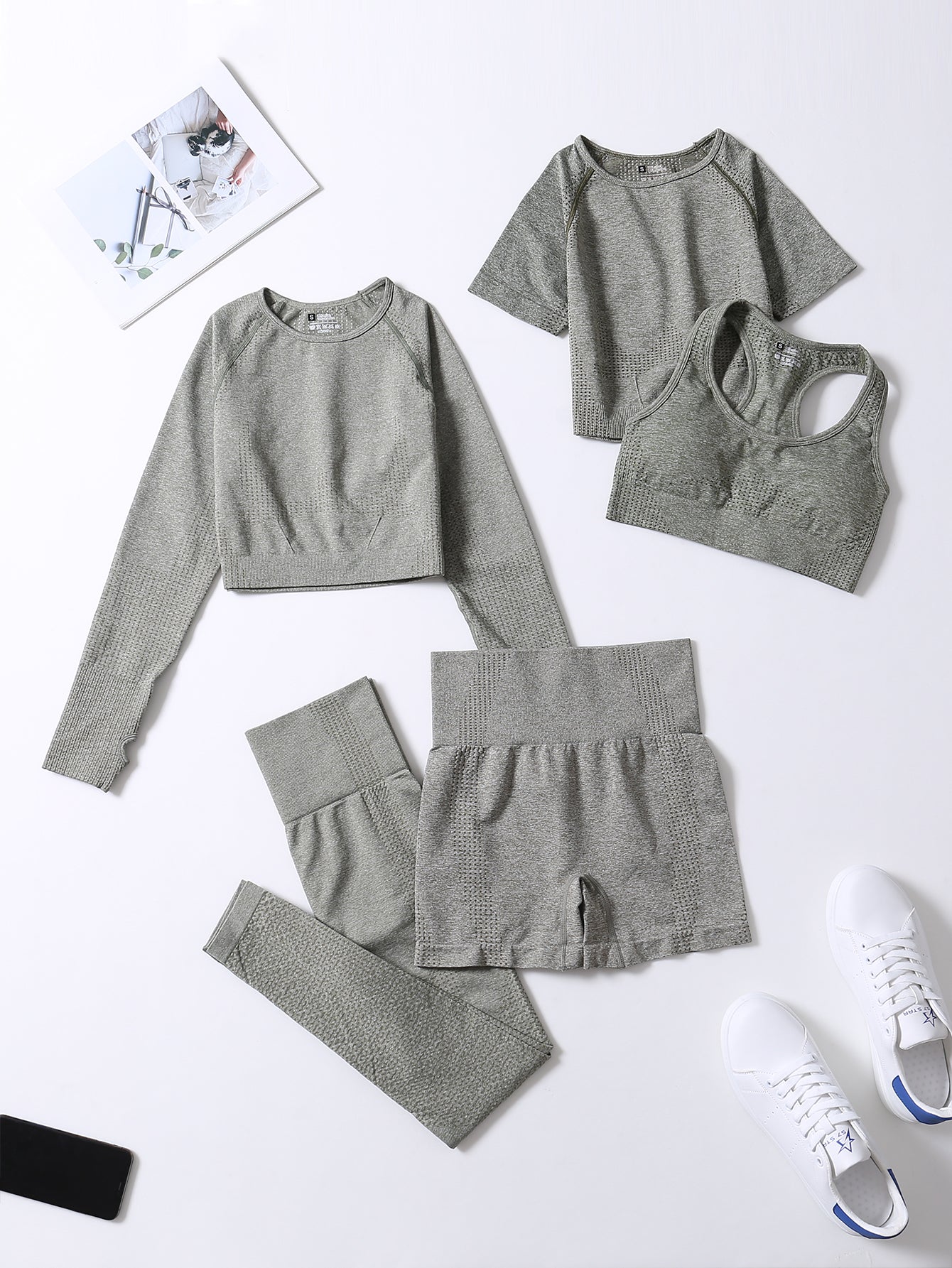 5pcs Seamless Yoga Suits, Racer Back Tank Top & Short Sleeve Cropped Top & Long Sleeve T Shirt & Shorts & Leggings Set, Women's Activewear