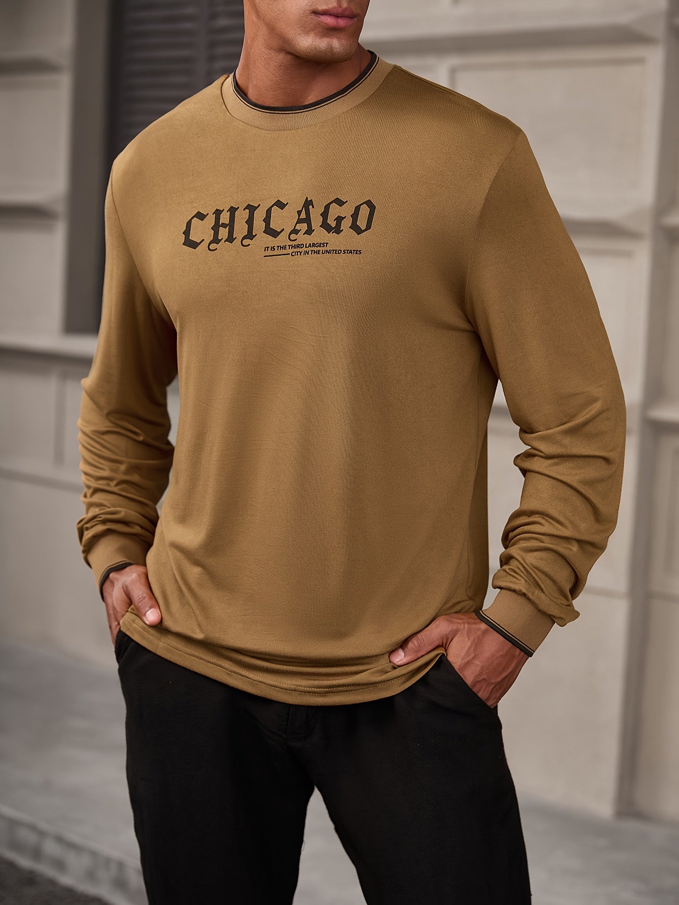 CHICAGO Print Men's Street Daily Long Sleeve High Stretch T-shirt, Spring Fall Outdoor, Men's Clothing