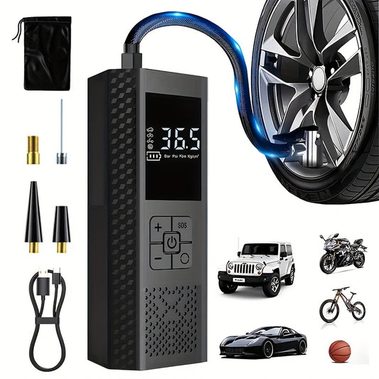 Portable car air compressor, digital tire inflator, digital display, rechargeable lithium battery, LED light. Suitable for cars, bicycles, motorcycles and balls. Less than 36V, USB Type-C connector