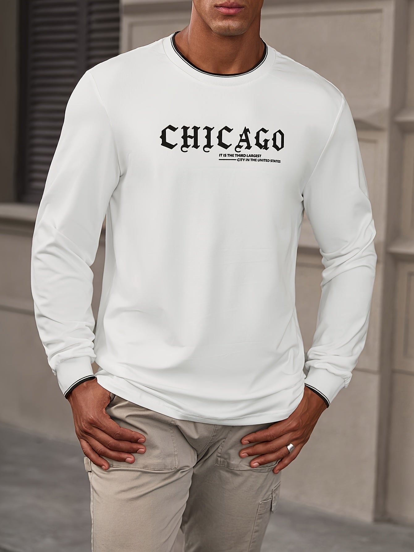 CHICAGO Print Men's Street Daily Long Sleeve High Stretch T-shirt, Spring Fall Outdoor, Men's Clothing