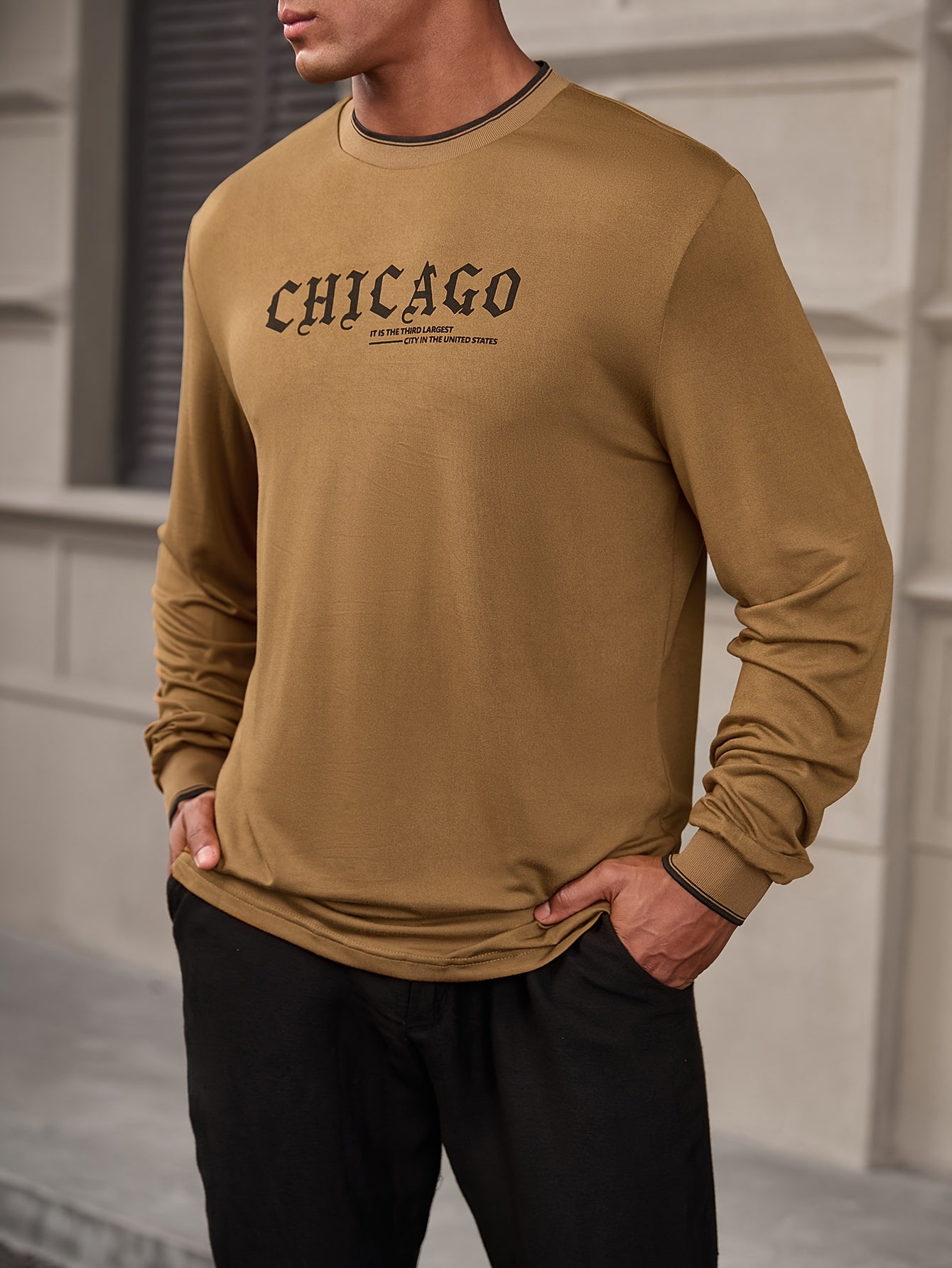 CHICAGO Print Men's Street Daily Long Sleeve High Stretch T-shirt, Spring Fall Outdoor, Men's Clothing