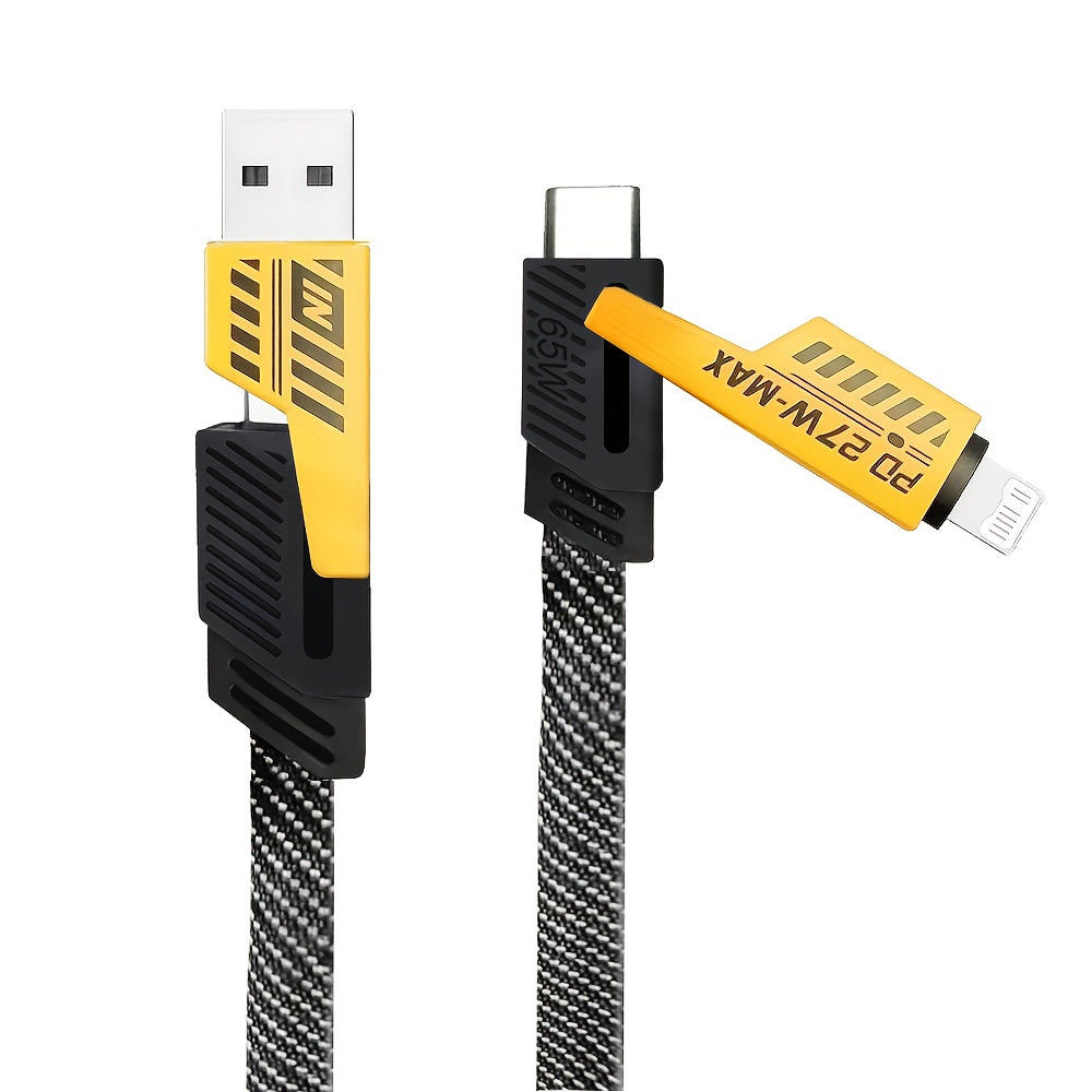 4-in-1 Fast Charging Cable, 47.24 in/120cm Dual Type-C & USB Lighting Connectors, Fabric Flat Cable, Matte Surface, USB Male to Male, Compatible with iPhone 15, For IPhone, USB Type C Charger Tablet Charge Cable