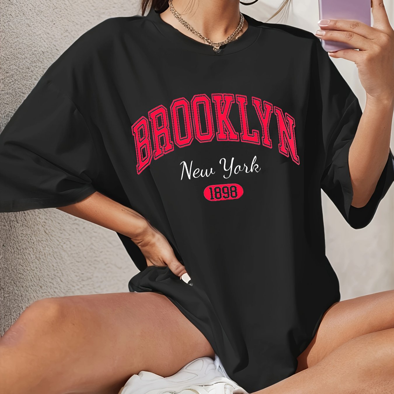 BROOKLYN Print T-shirt, Casual Short Sleeve Crew Neck Top For Spring & Summer, Women's Clothing