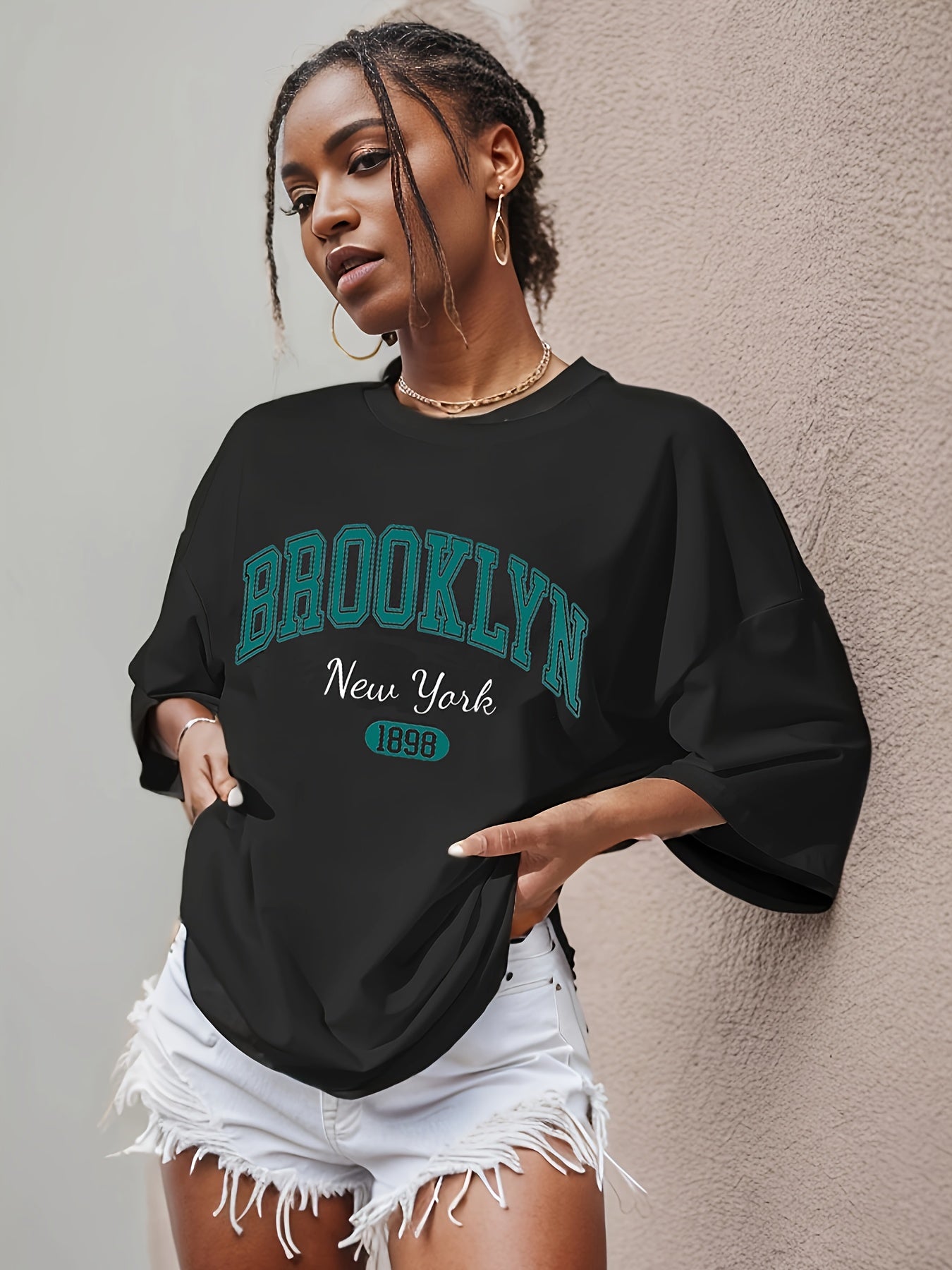 BROOKLYN Print T-shirt, Casual Short Sleeve Crew Neck Top For Spring & Summer, Women's Clothing