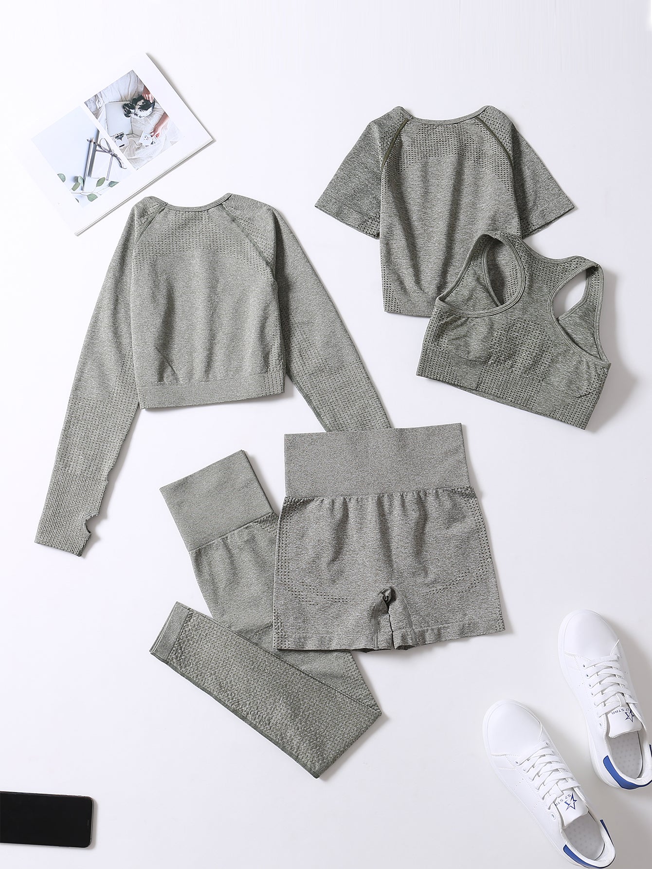 5pcs Seamless Yoga Suits, Racer Back Tank Top & Short Sleeve Cropped Top & Long Sleeve T Shirt & Shorts & Leggings Set, Women's Activewear