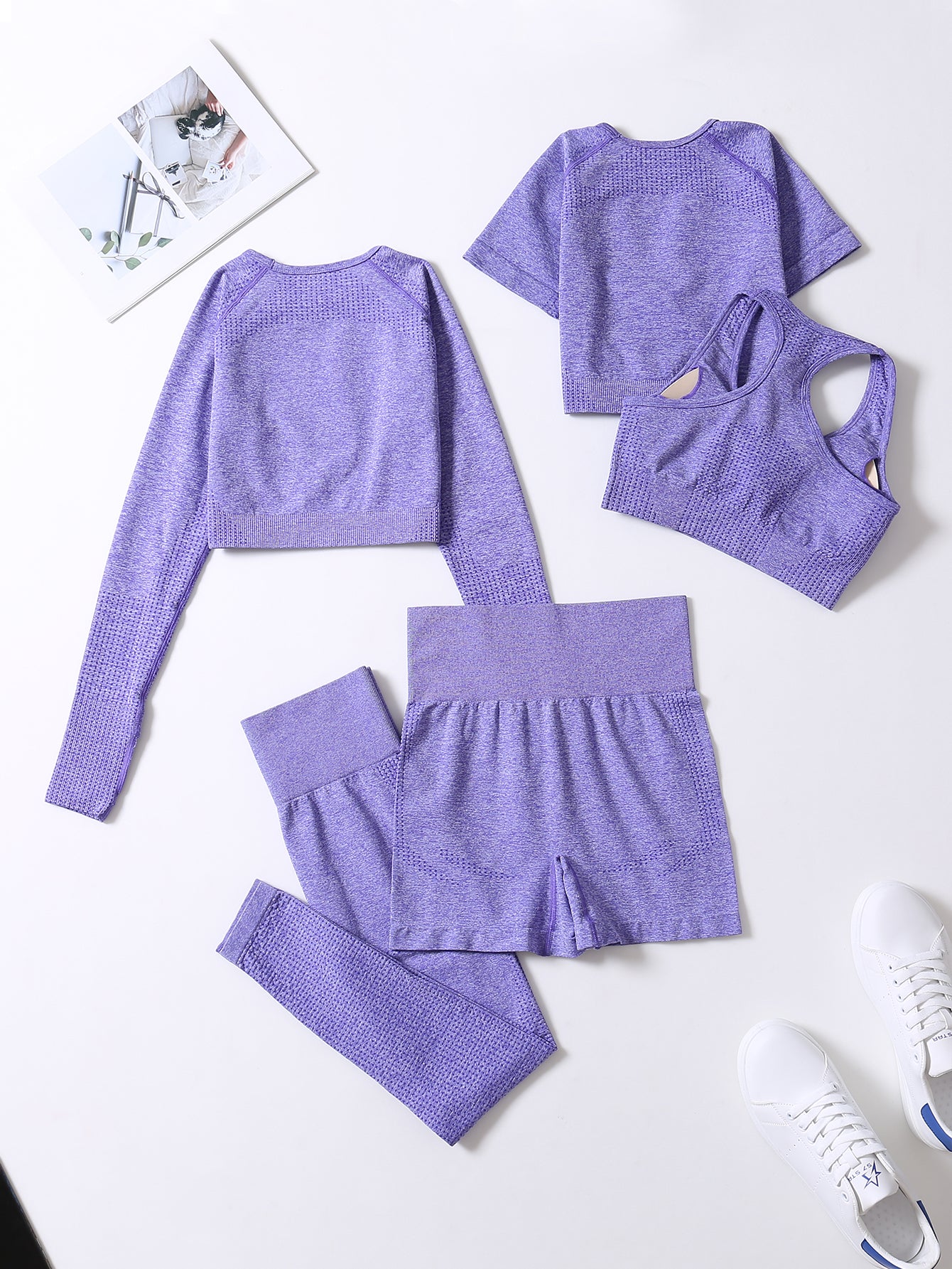 5pcs Seamless Yoga Suits, Racer Back Tank Top & Short Sleeve Cropped Top & Long Sleeve T Shirt & Shorts & Leggings Set, Women's Activewear