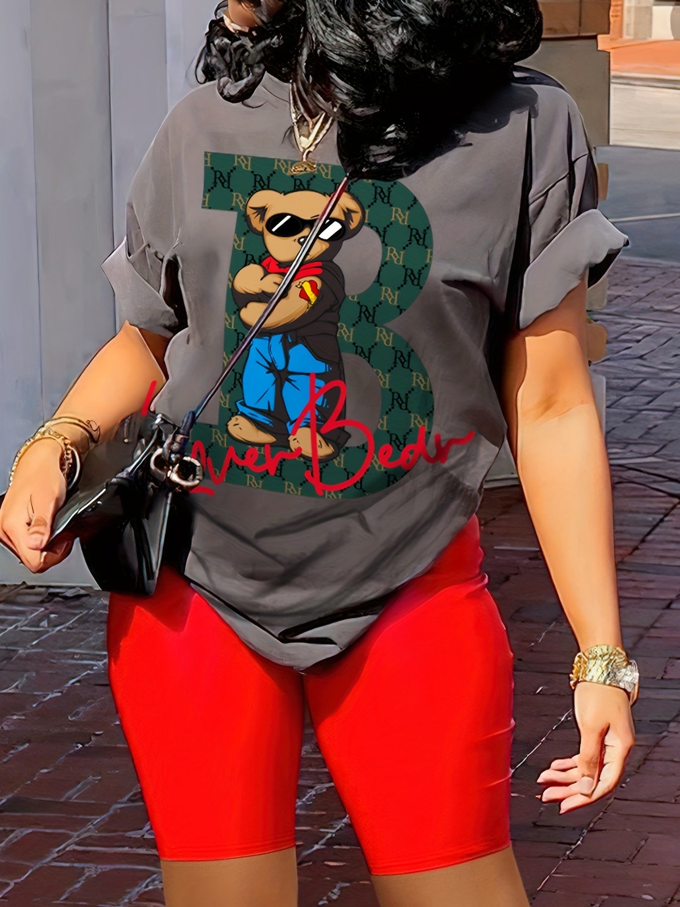 Women's Casual Cartoon Contrast Color 2-Piece Set, Short Sleeve Round Neck T-shirt And Biker Shorts Outfit, Lounge Wear