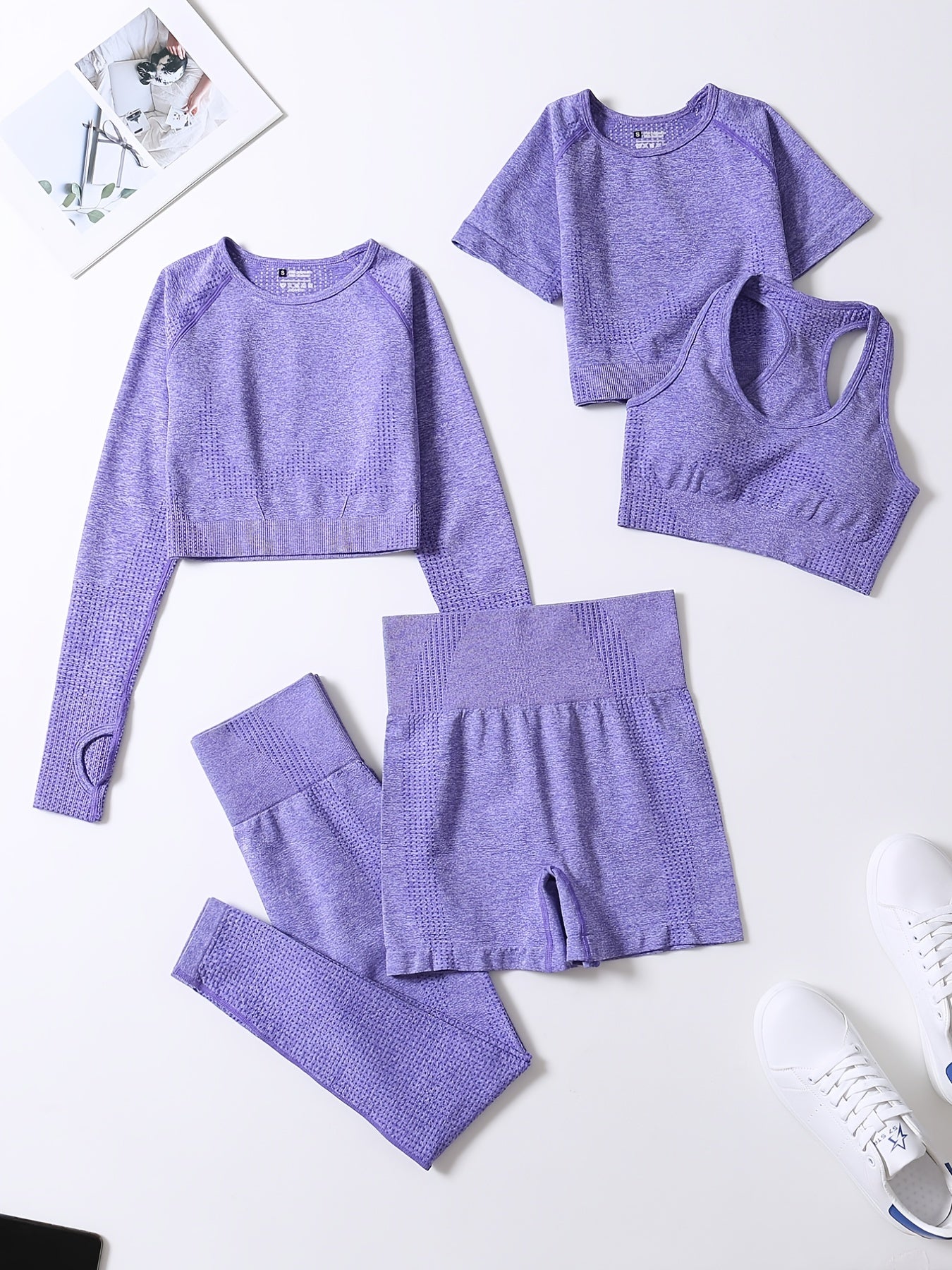 5pcs Seamless Yoga Suits, Racer Back Tank Top & Short Sleeve Cropped Top & Long Sleeve T Shirt & Shorts & Leggings Set, Women's Activewear