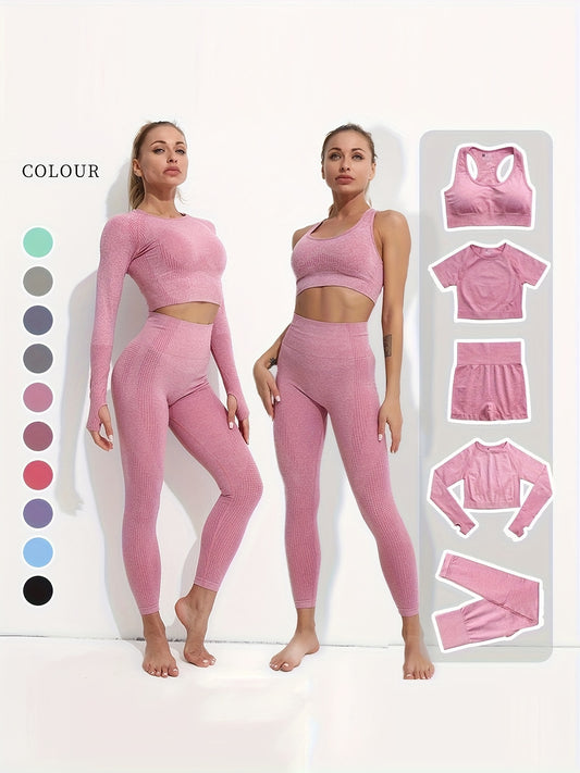 5pcs Seamless Yoga Suits, Racer Back Tank Top & Short Sleeve Cropped Top & Long Sleeve T Shirt & Shorts & Leggings Set, Women's Activewear
