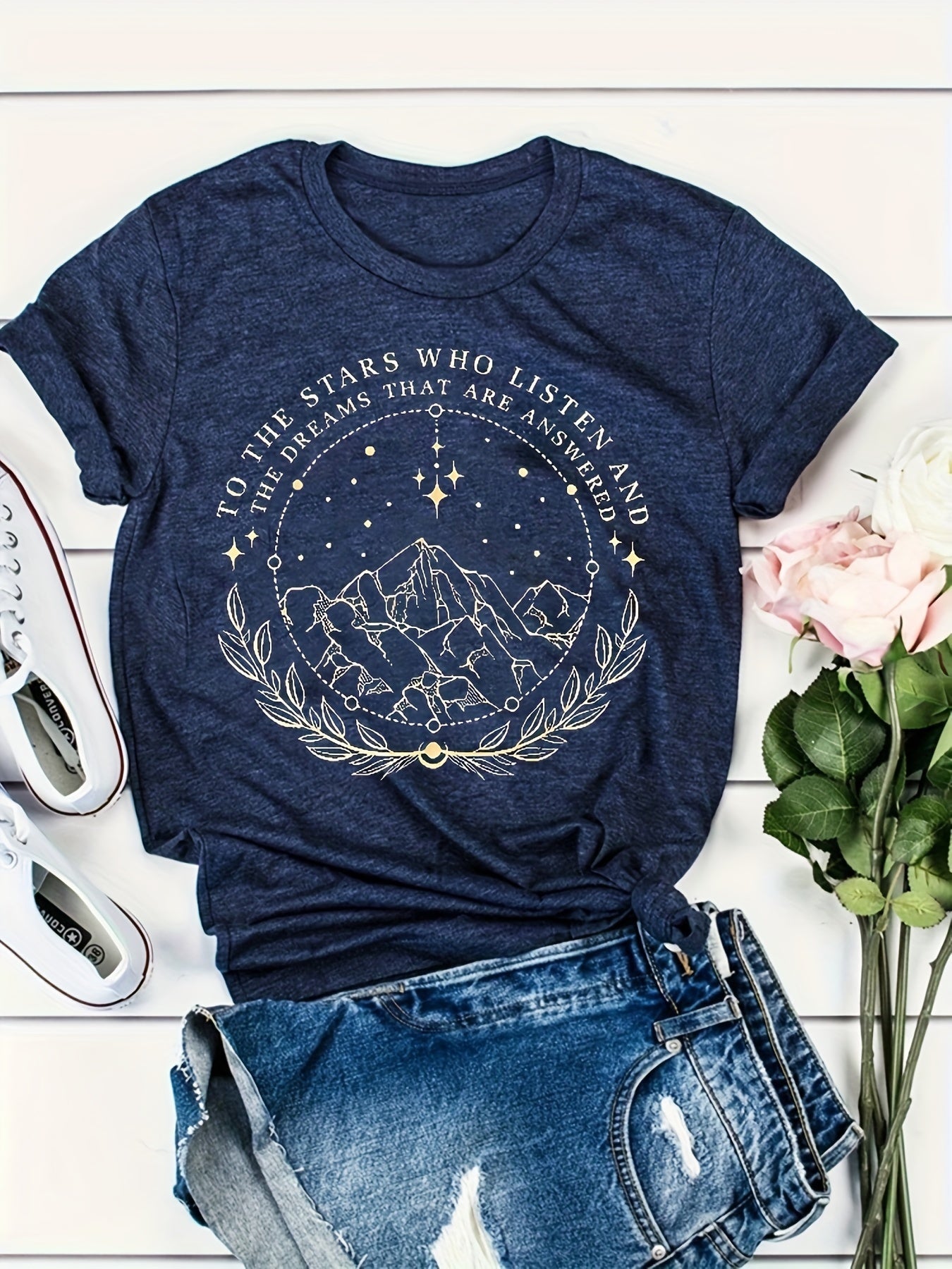 Moon & Mountain Print Crew Neck T-Shirt, Casual Short Sleeve T-Shirt For Spring & Summer, Women's Clothing