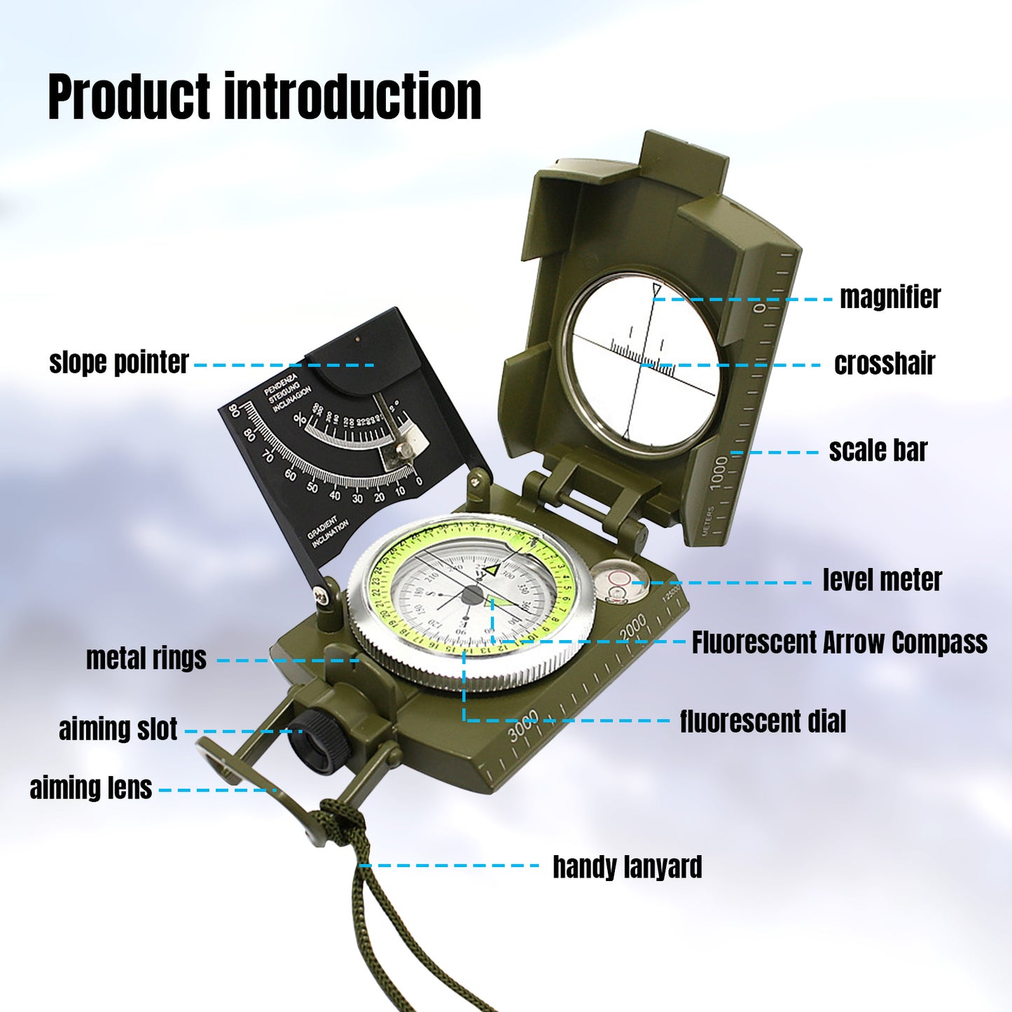 Multifunctional Luminous Dial Waterproof Anti-fog Accurate Military Compass For Hiking Camp