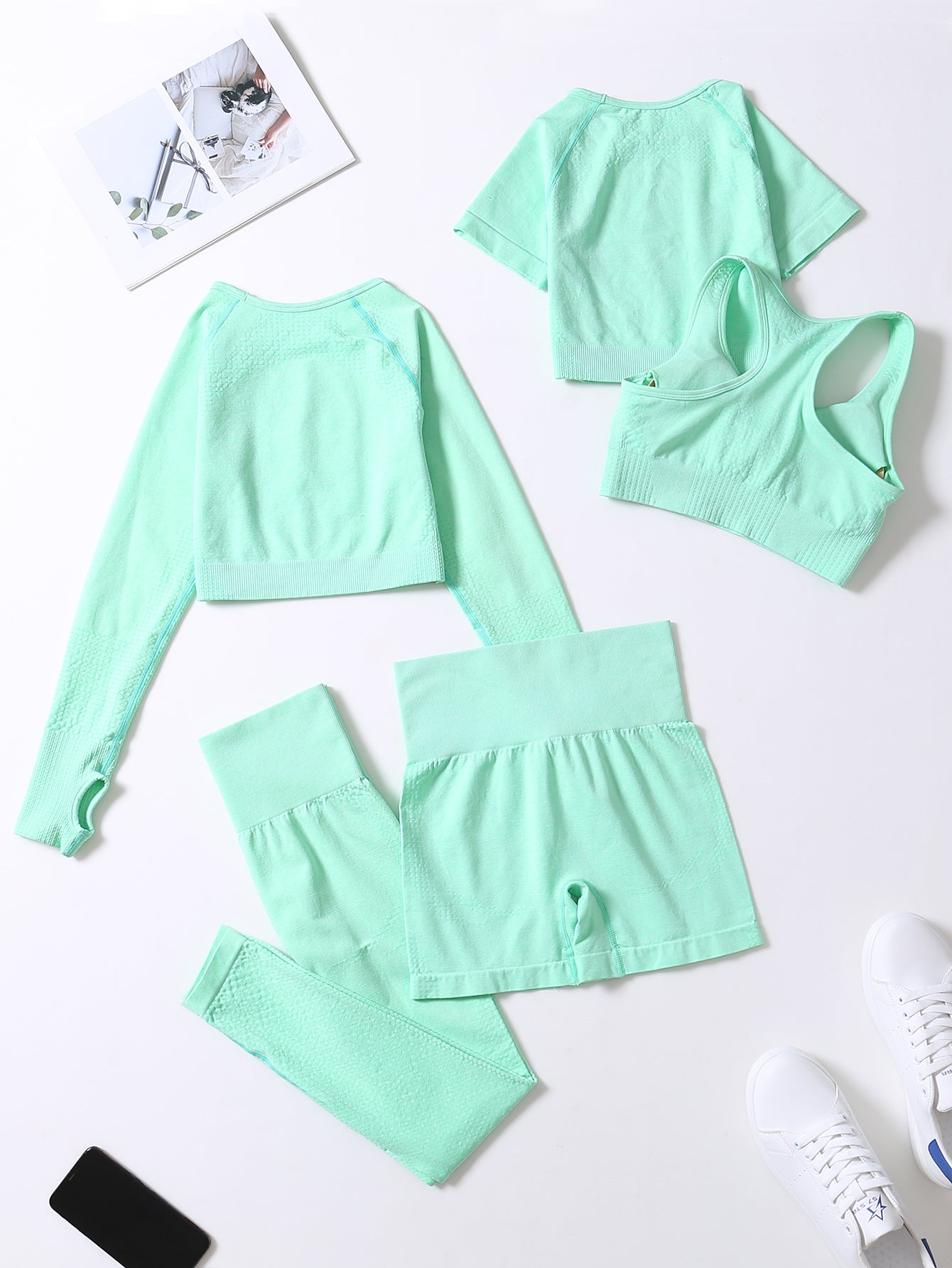 5pcs Seamless Yoga Suits, Racer Back Tank Top & Short Sleeve Cropped Top & Long Sleeve T Shirt & Shorts & Leggings Set, Women's Activewear