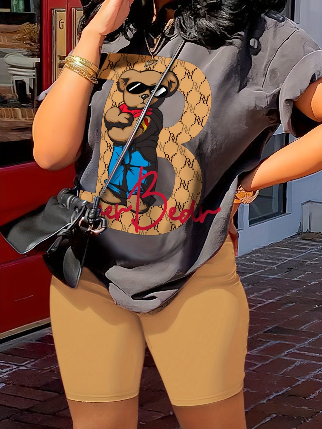 Women's Casual Cartoon Contrast Color 2-Piece Set, Short Sleeve Round Neck T-shirt And Biker Shorts Outfit, Lounge Wear