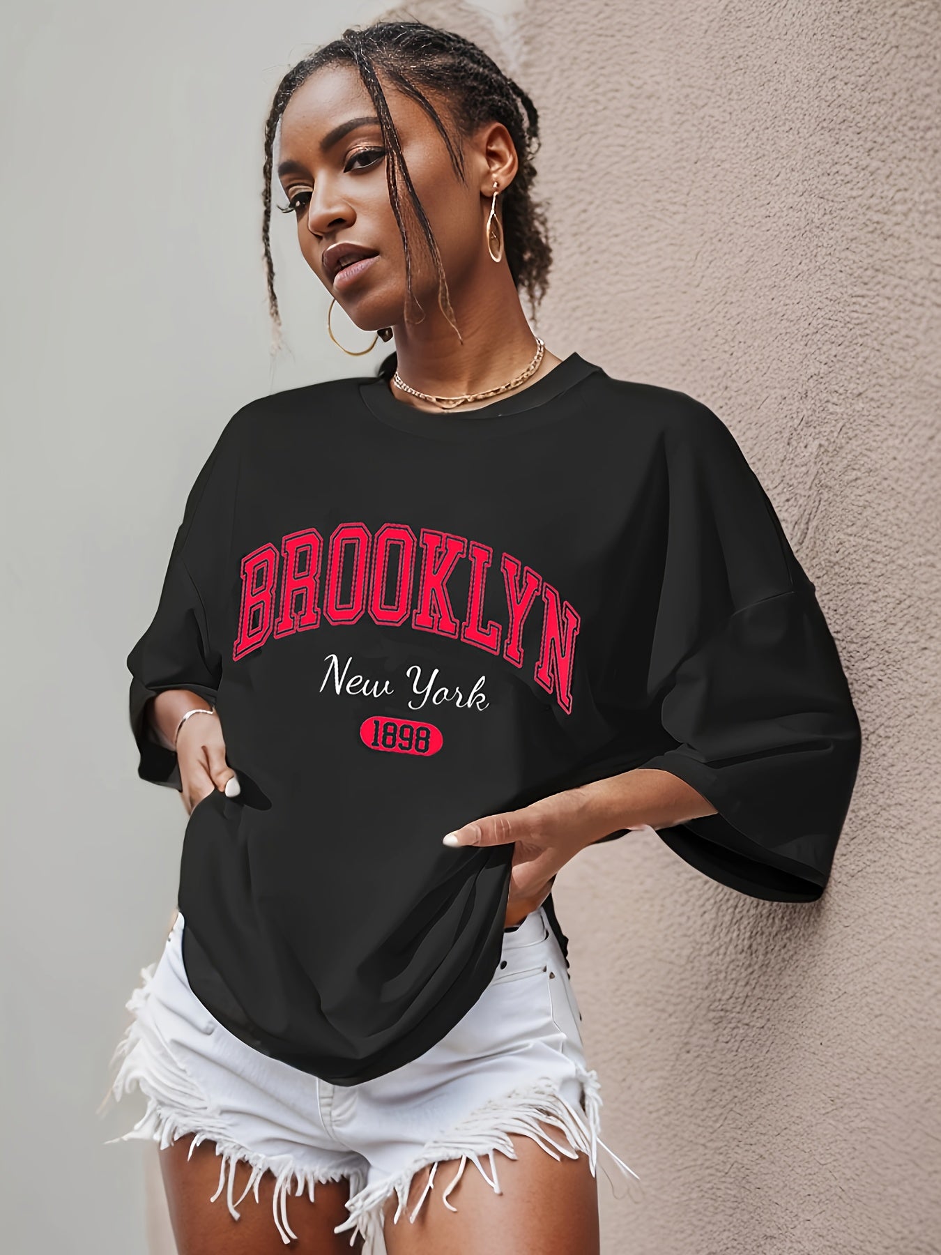 BROOKLYN Print T-shirt, Casual Short Sleeve Crew Neck Top For Spring & Summer, Women's Clothing