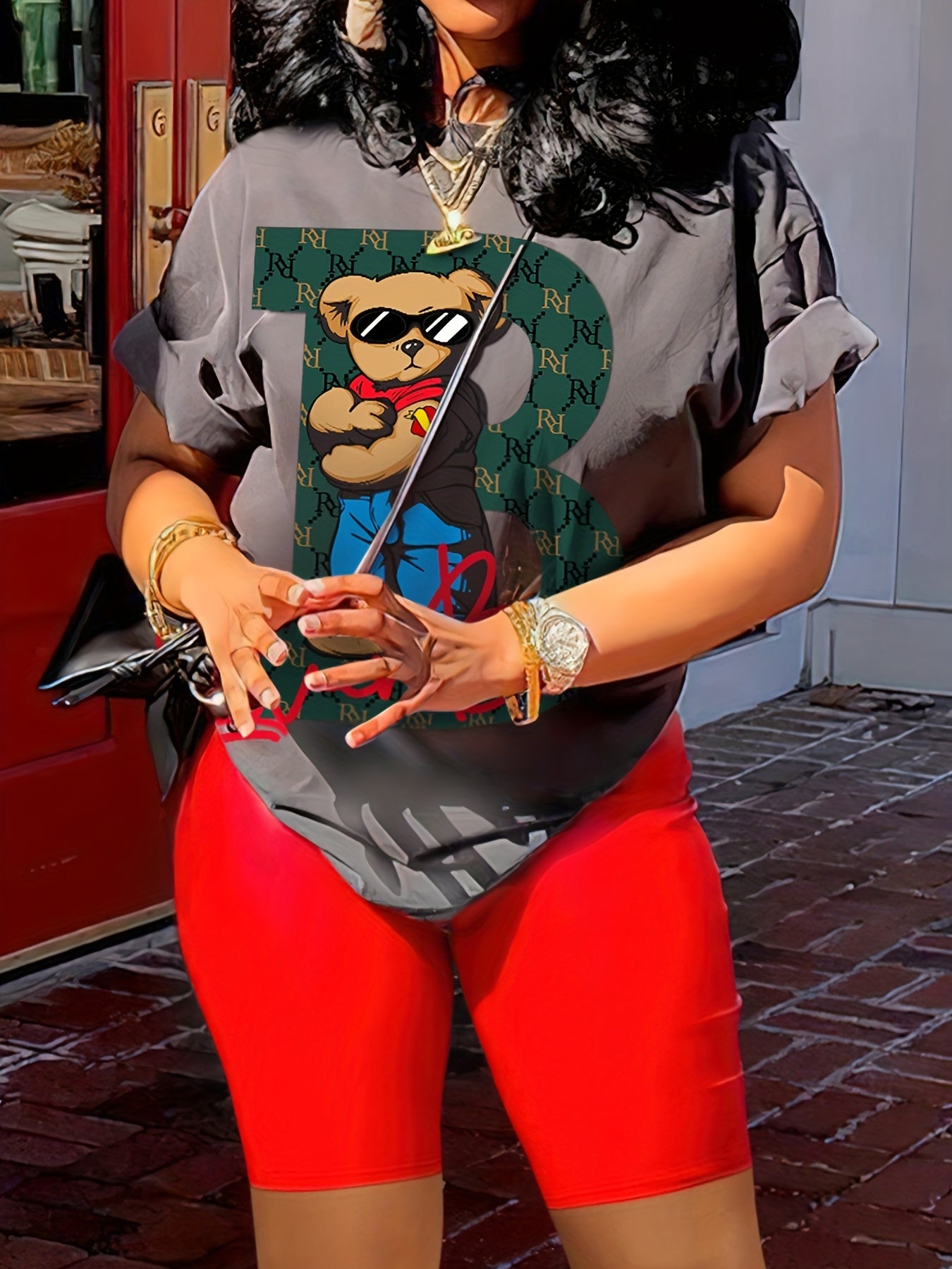 Women's Casual Cartoon Contrast Color 2-Piece Set, Short Sleeve Round Neck T-shirt And Biker Shorts Outfit, Lounge Wear