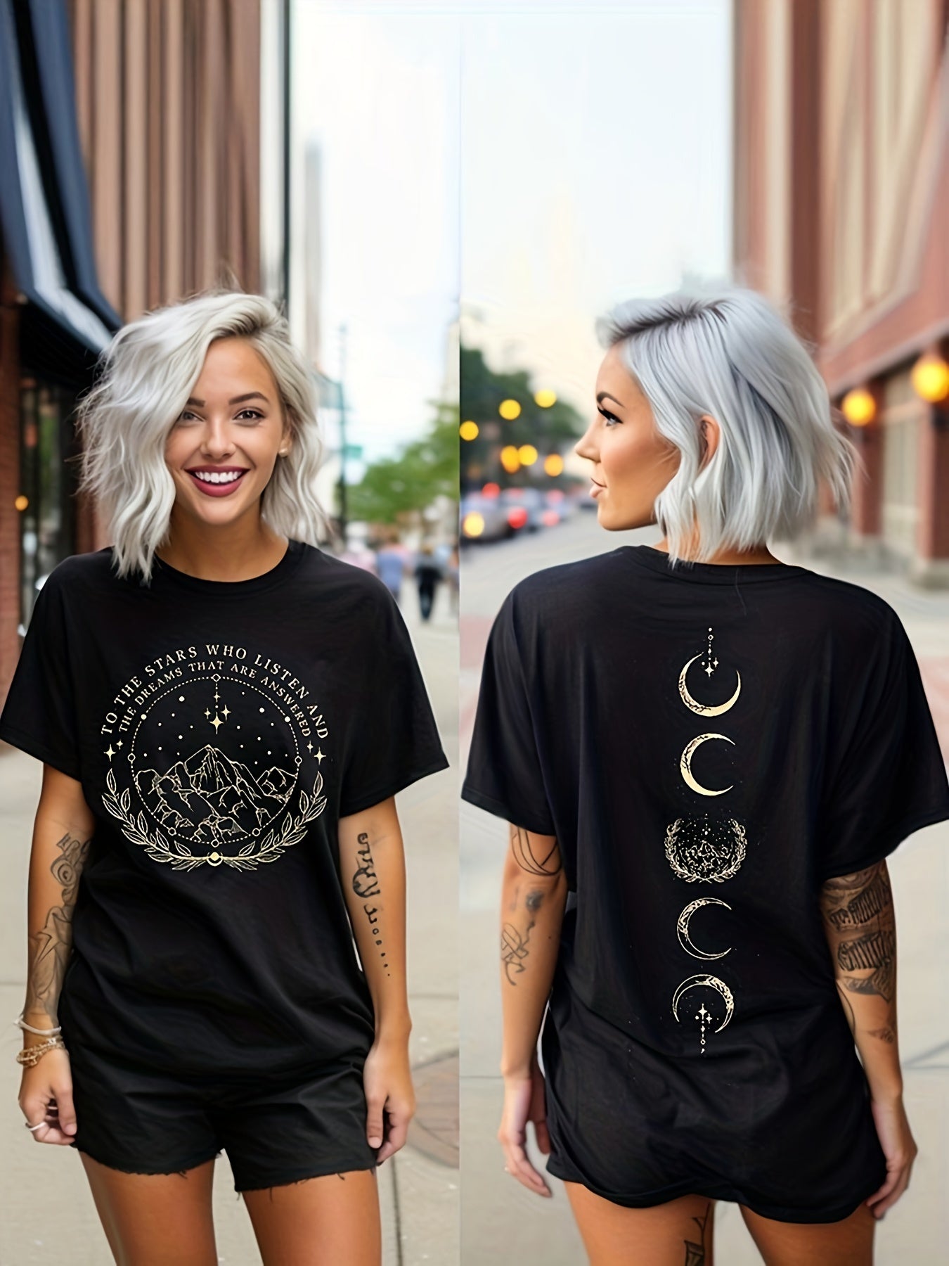 Moon & Mountain Print Crew Neck T-Shirt, Casual Short Sleeve T-Shirt For Spring & Summer, Women's Clothing