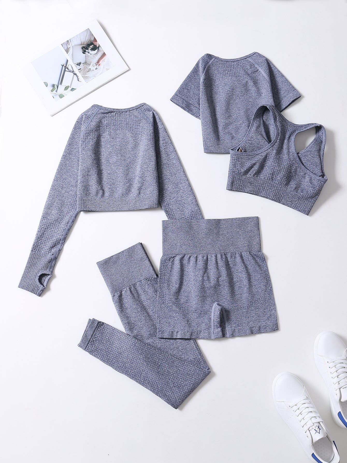 5pcs Seamless Yoga Suits, Racer Back Tank Top & Short Sleeve Cropped Top & Long Sleeve T Shirt & Shorts & Leggings Set, Women's Activewear