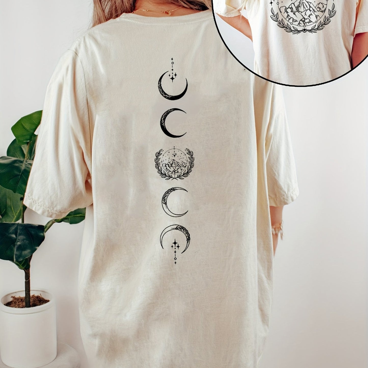 Moon & Mountain Print Crew Neck T-Shirt, Casual Short Sleeve T-Shirt For Spring & Summer, Women's Clothing