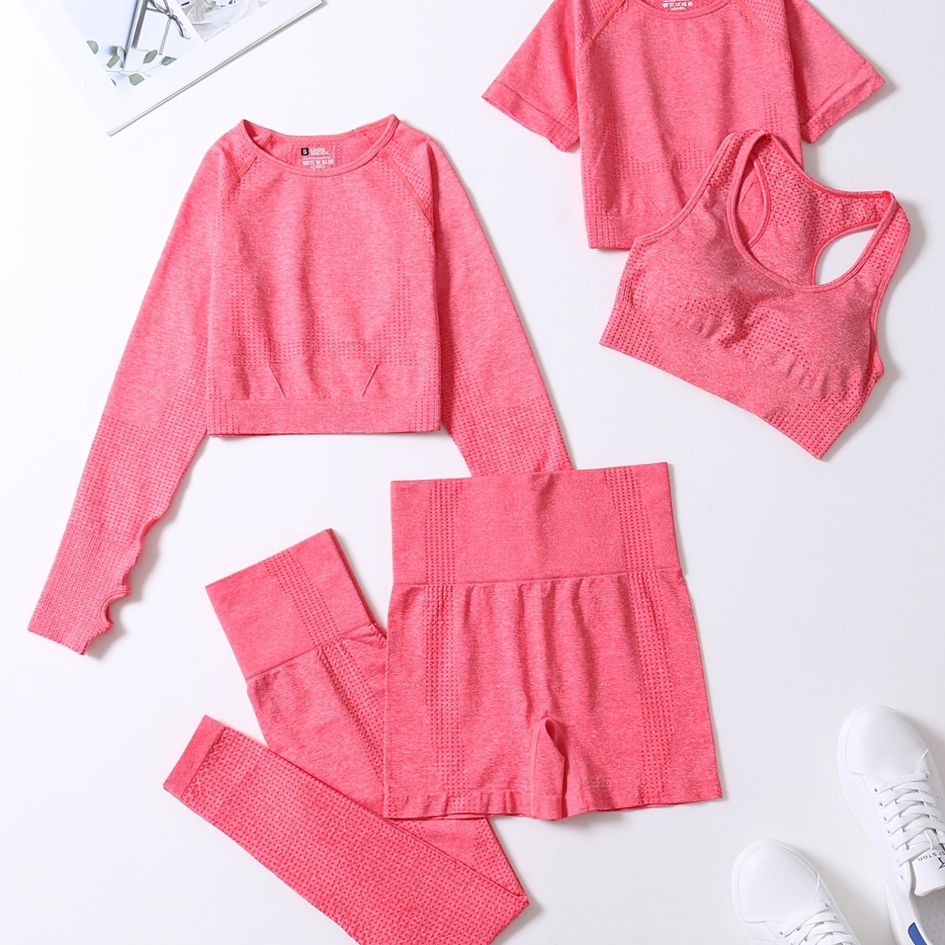 5pcs Seamless Yoga Suits, Racer Back Tank Top & Short Sleeve Cropped Top & Long Sleeve T Shirt & Shorts & Leggings Set, Women's Activewear