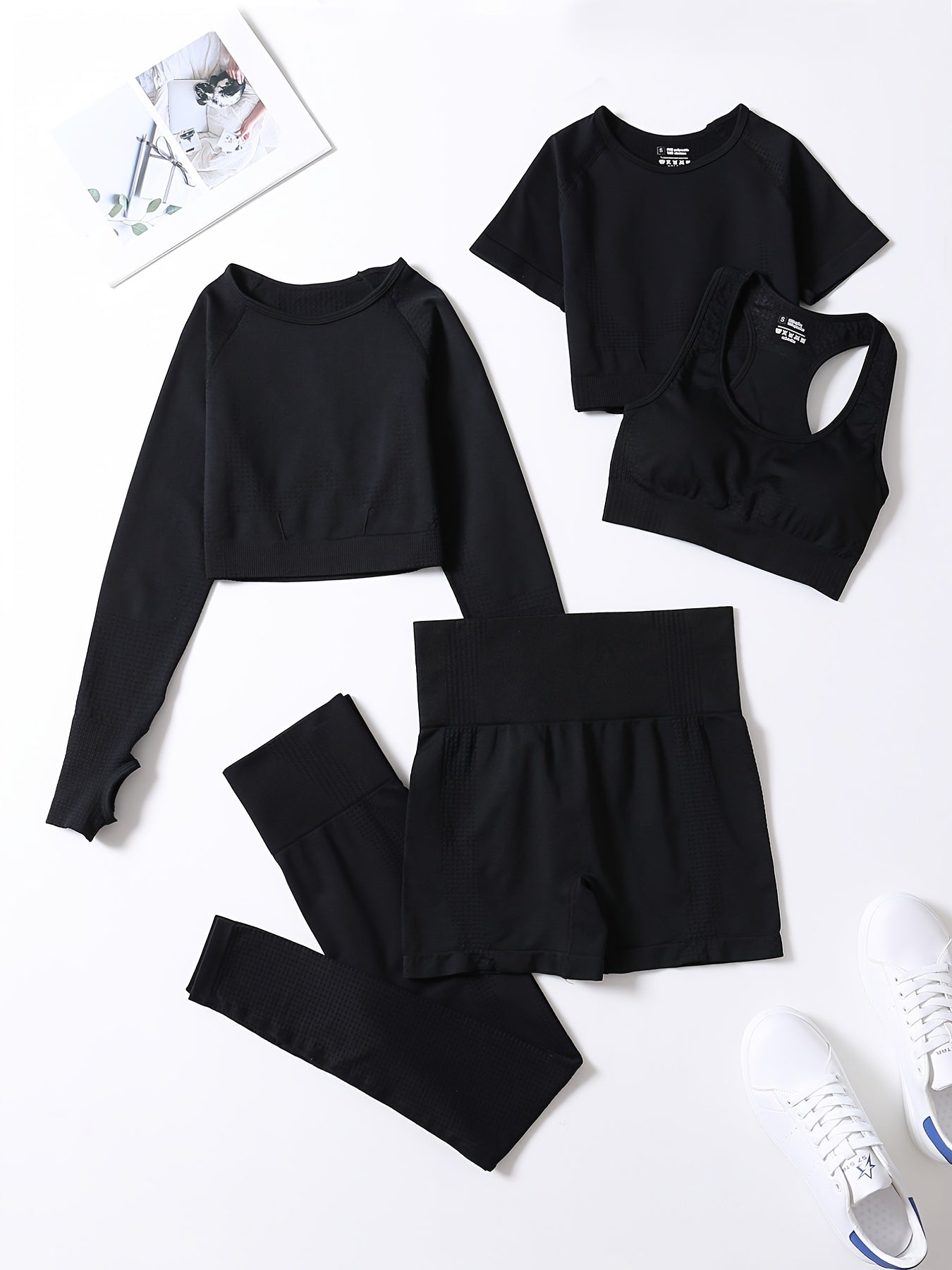 5pcs Seamless Yoga Suits, Racer Back Tank Top & Short Sleeve Cropped Top & Long Sleeve T Shirt & Shorts & Leggings Set, Women's Activewear