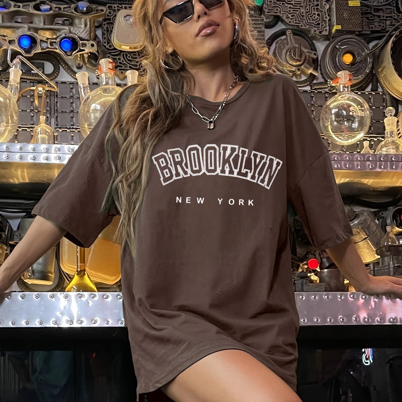 BROOKLYN Print Crew Neck T-Shirt, Casual Short Sleeve Top For Spring & Summer, Women's Clothing