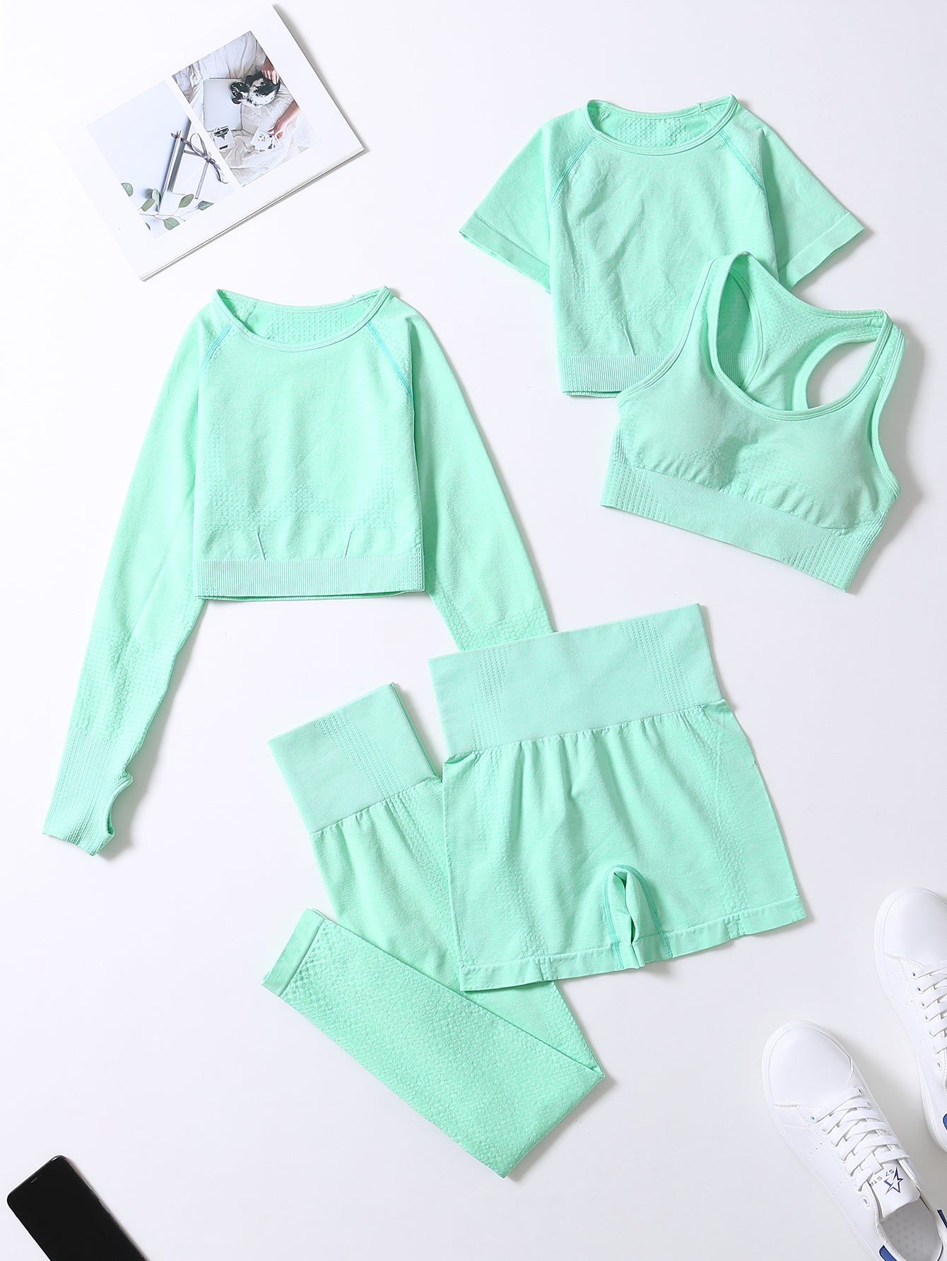 5pcs Seamless Yoga Suits, Racer Back Tank Top & Short Sleeve Cropped Top & Long Sleeve T Shirt & Shorts & Leggings Set, Women's Activewear