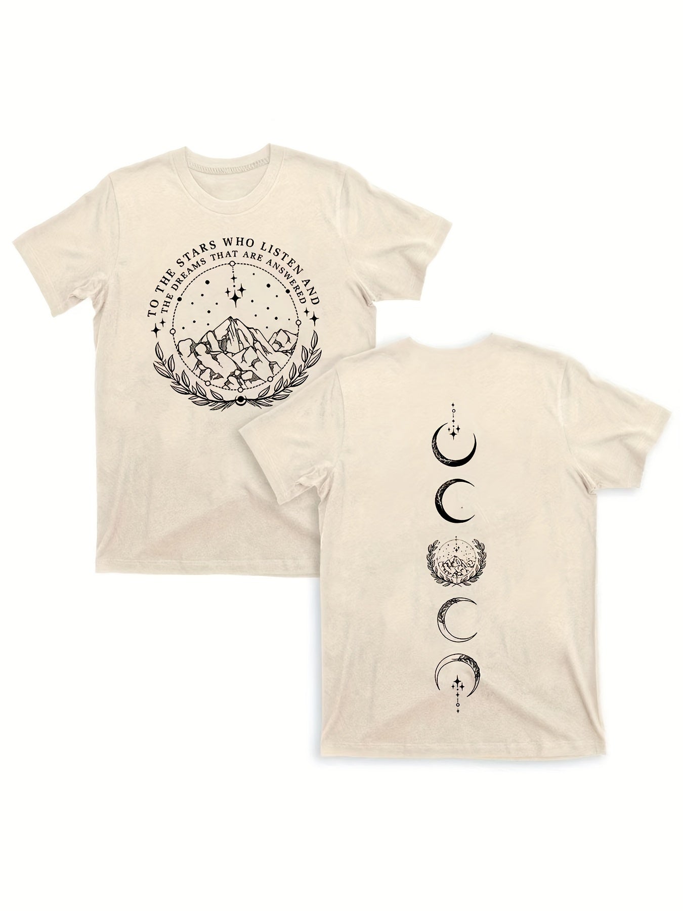 Moon & Mountain Print Crew Neck T-Shirt, Casual Short Sleeve T-Shirt For Spring & Summer, Women's Clothing