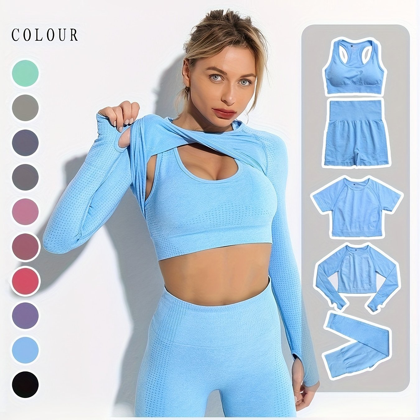 5pcs Seamless Yoga Suits, Racer Back Tank Top & Short Sleeve Cropped Top & Long Sleeve T Shirt & Shorts & Leggings Set, Women's Activewear