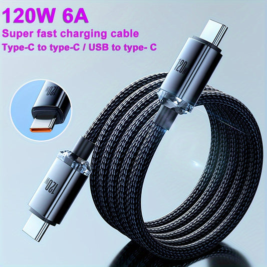 120W 6A Type C To Type C/Usb To Type C Super Fast Charging Cable For SamSung S23 S22 S21, Xiaomi 12Pro, K50 K60, Redmi, Huawei P40 P60, And Other Android Phones, Usb-C Data Transfer Cord For Macbook Pro, For Ipad Pro, And Mor