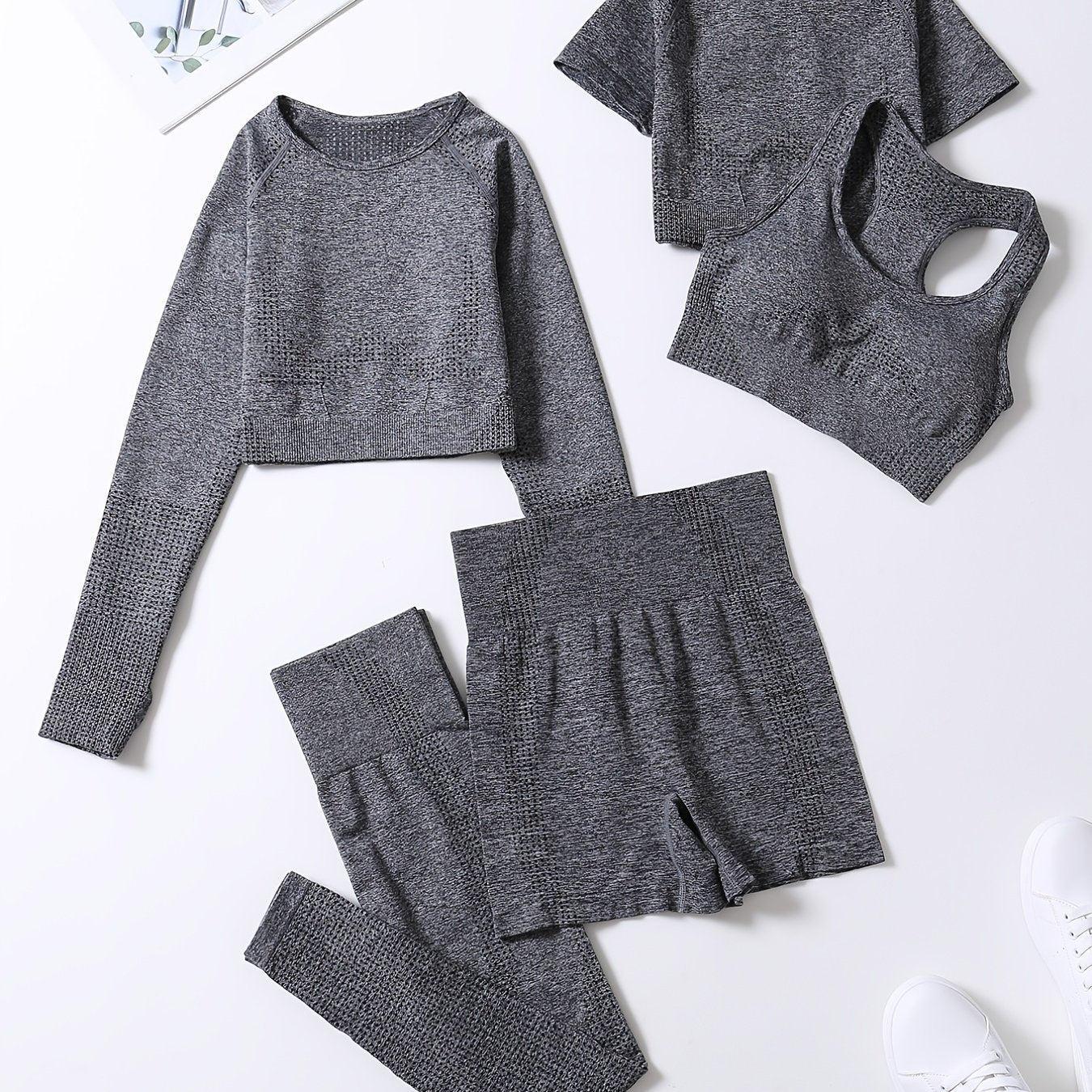 5pcs Seamless Yoga Suits, Racer Back Tank Top & Short Sleeve Cropped Top & Long Sleeve T Shirt & Shorts & Leggings Set, Women's Activewear