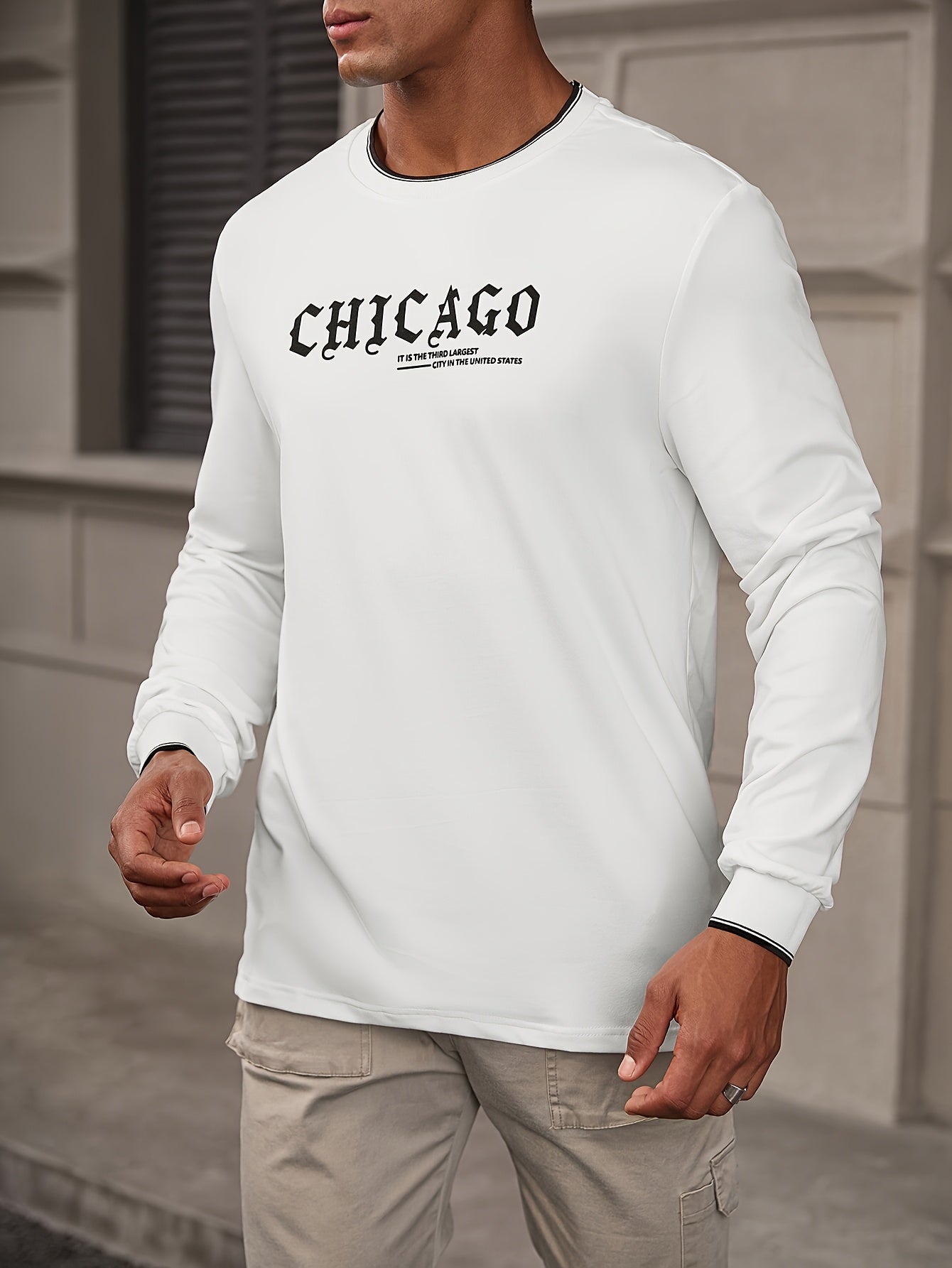 CHICAGO Print Men's Street Daily Long Sleeve High Stretch T-shirt, Spring Fall Outdoor, Men's Clothing