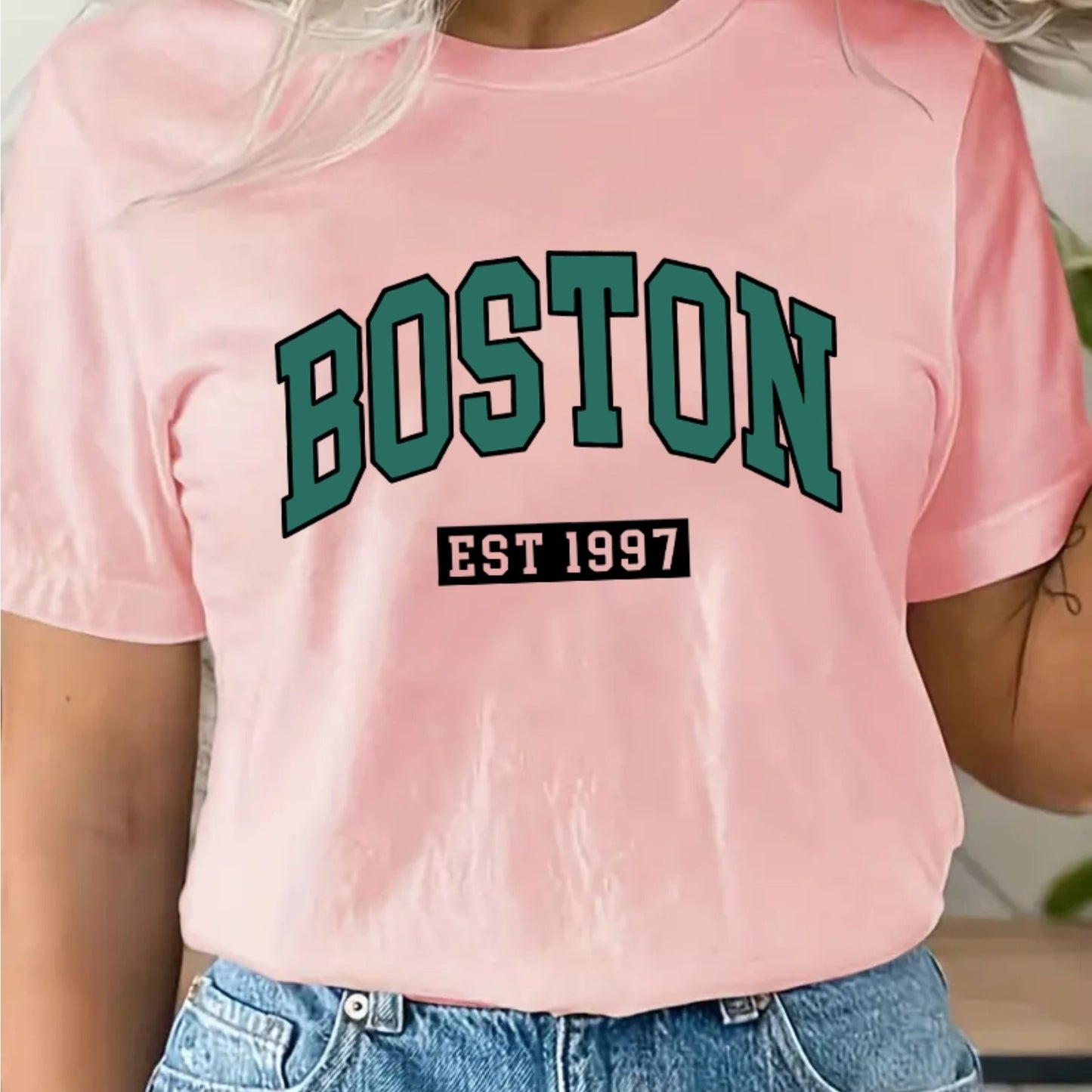 BOSTON Lettering Pattern Crew Neck T-Shirt, Casual Short Sleeve T-Shirt, Women's Clothing