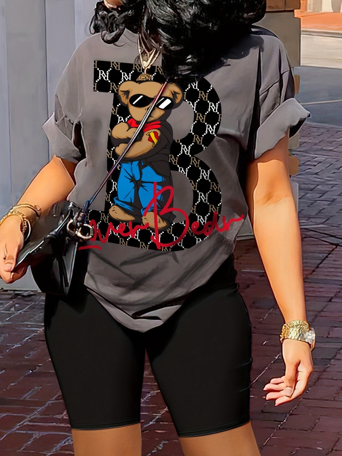 Women's Casual Cartoon Contrast Color 2-Piece Set, Short Sleeve Round Neck T-shirt And Biker Shorts Outfit, Lounge Wear