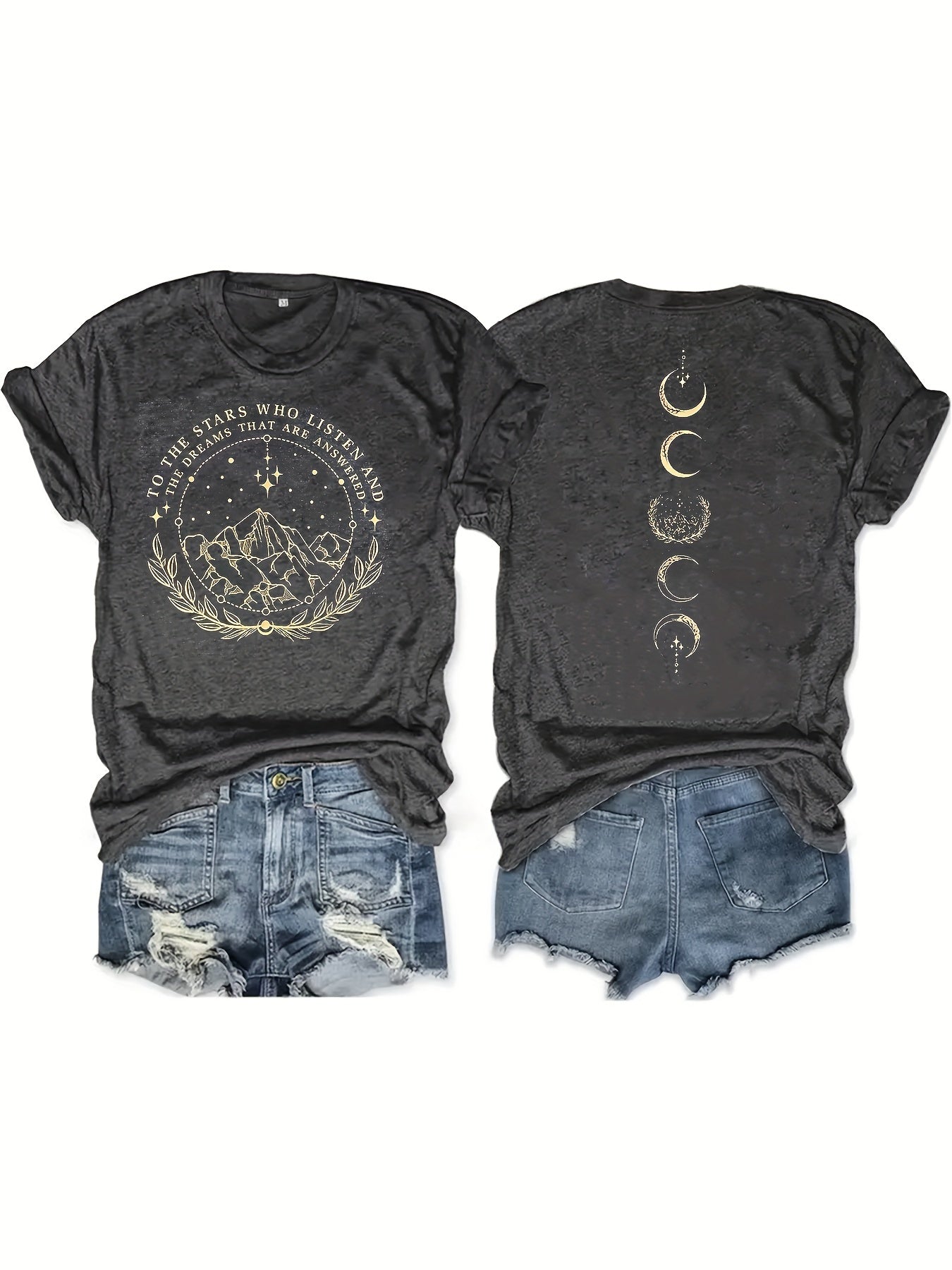 Moon & Mountain Print Crew Neck T-Shirt, Casual Short Sleeve T-Shirt For Spring & Summer, Women's Clothing