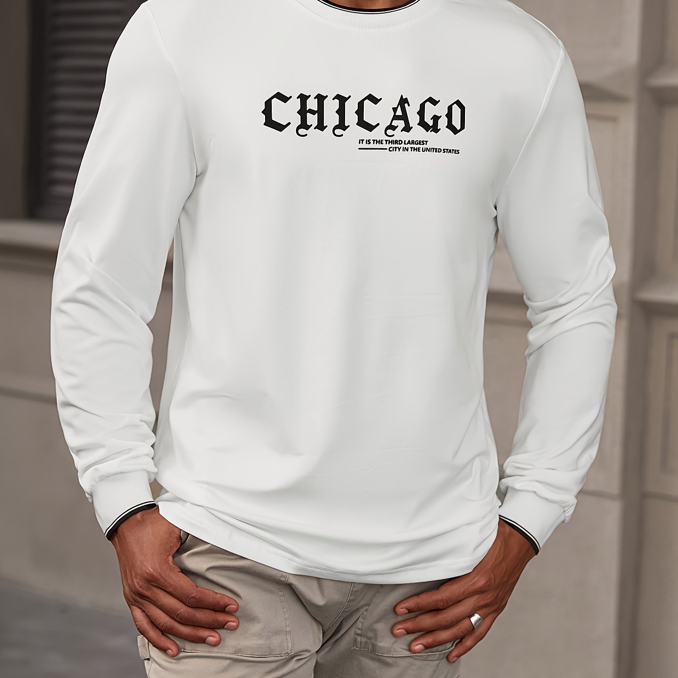 CHICAGO Print Men's Street Daily Long Sleeve High Stretch T-shirt, Spring Fall Outdoor, Men's Clothing