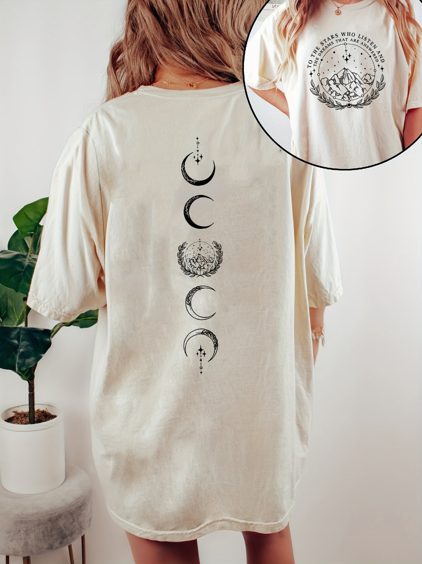 Moon & Mountain Print Crew Neck T-Shirt, Casual Short Sleeve T-Shirt For Spring & Summer, Women's Clothing