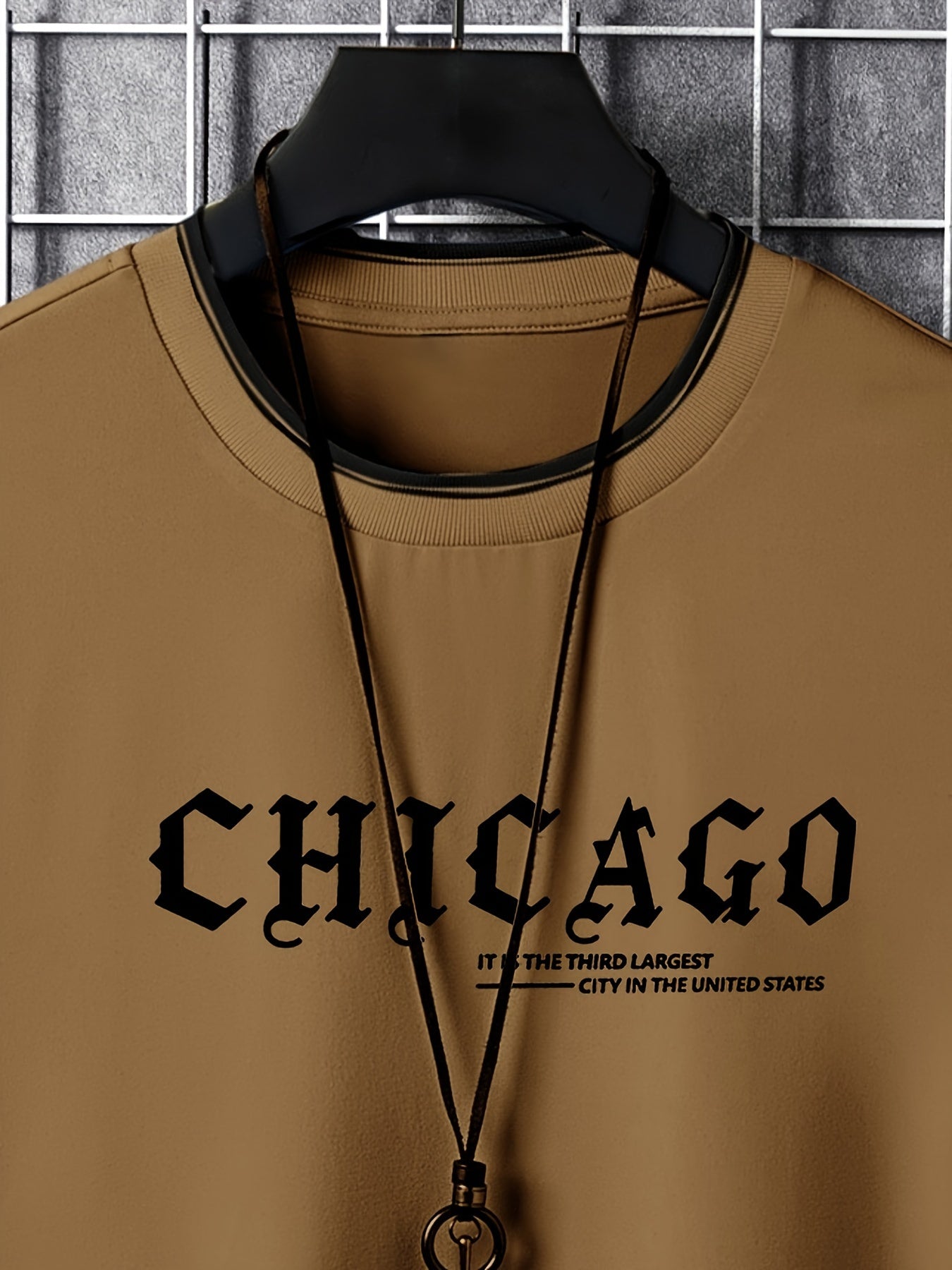 CHICAGO Print Men's Street Daily Long Sleeve High Stretch T-shirt, Spring Fall Outdoor, Men's Clothing