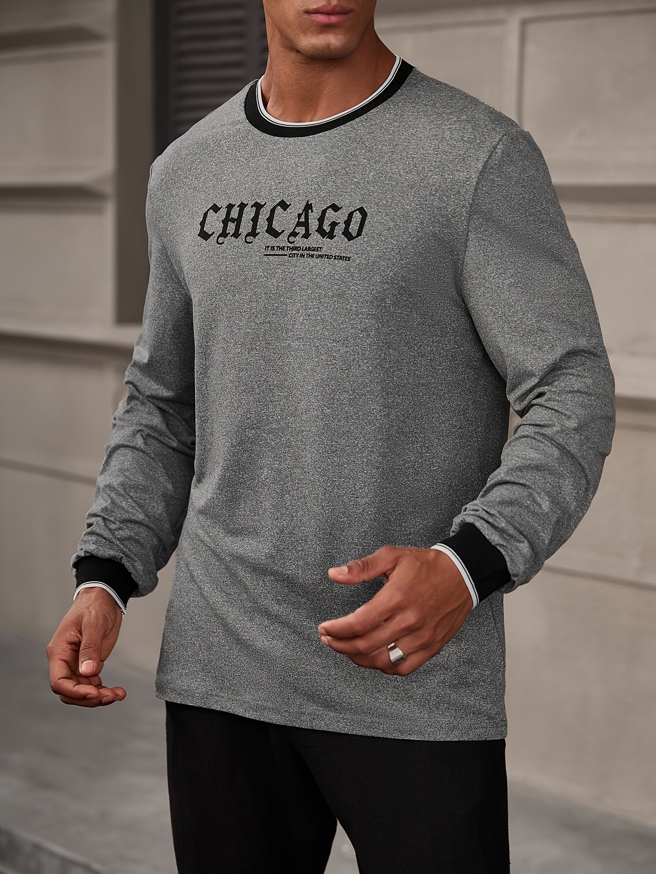 CHICAGO Print Men's Street Daily Long Sleeve High Stretch T-shirt, Spring Fall Outdoor, Men's Clothing