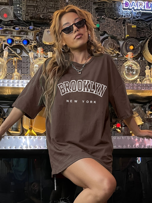 BROOKLYN Print Crew Neck T-Shirt, Casual Short Sleeve Top For Spring & Summer, Women's Clothing