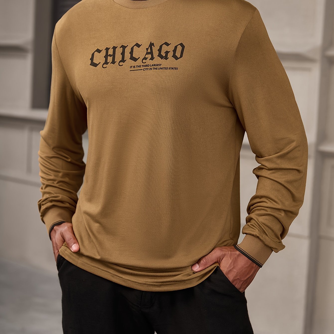 CHICAGO Print Men's Street Daily Long Sleeve High Stretch T-shirt, Spring Fall Outdoor, Men's Clothing