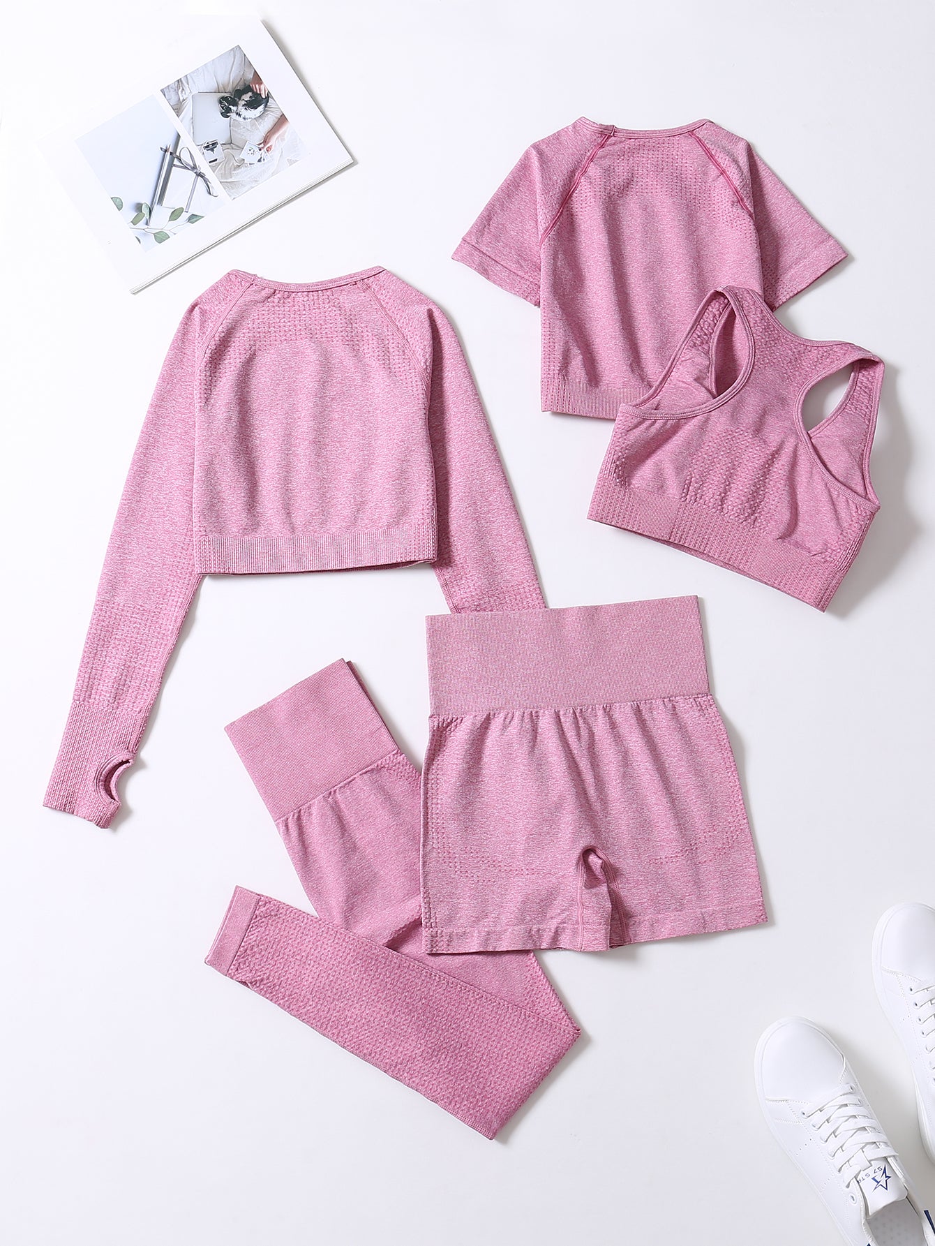 5pcs Seamless Yoga Suits, Racer Back Tank Top & Short Sleeve Cropped Top & Long Sleeve T Shirt & Shorts & Leggings Set, Women's Activewear