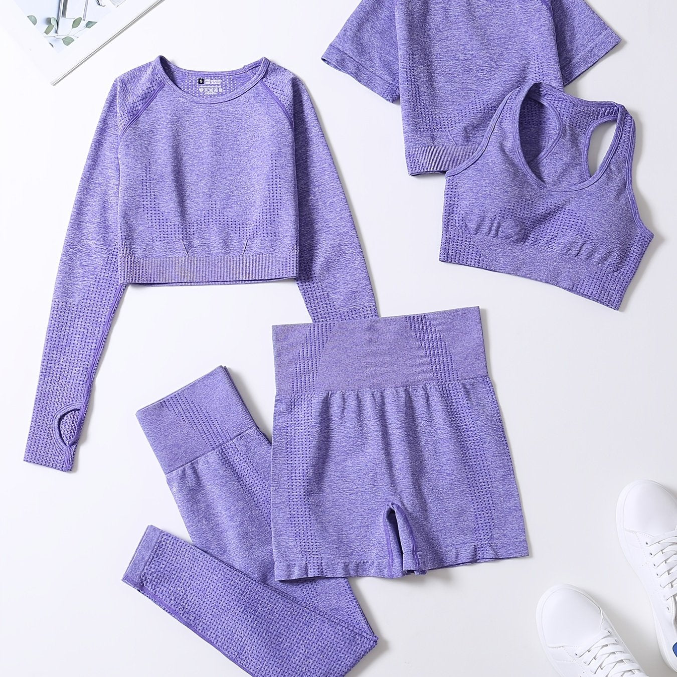 5pcs Seamless Yoga Suits, Racer Back Tank Top & Short Sleeve Cropped Top & Long Sleeve T Shirt & Shorts & Leggings Set, Women's Activewear