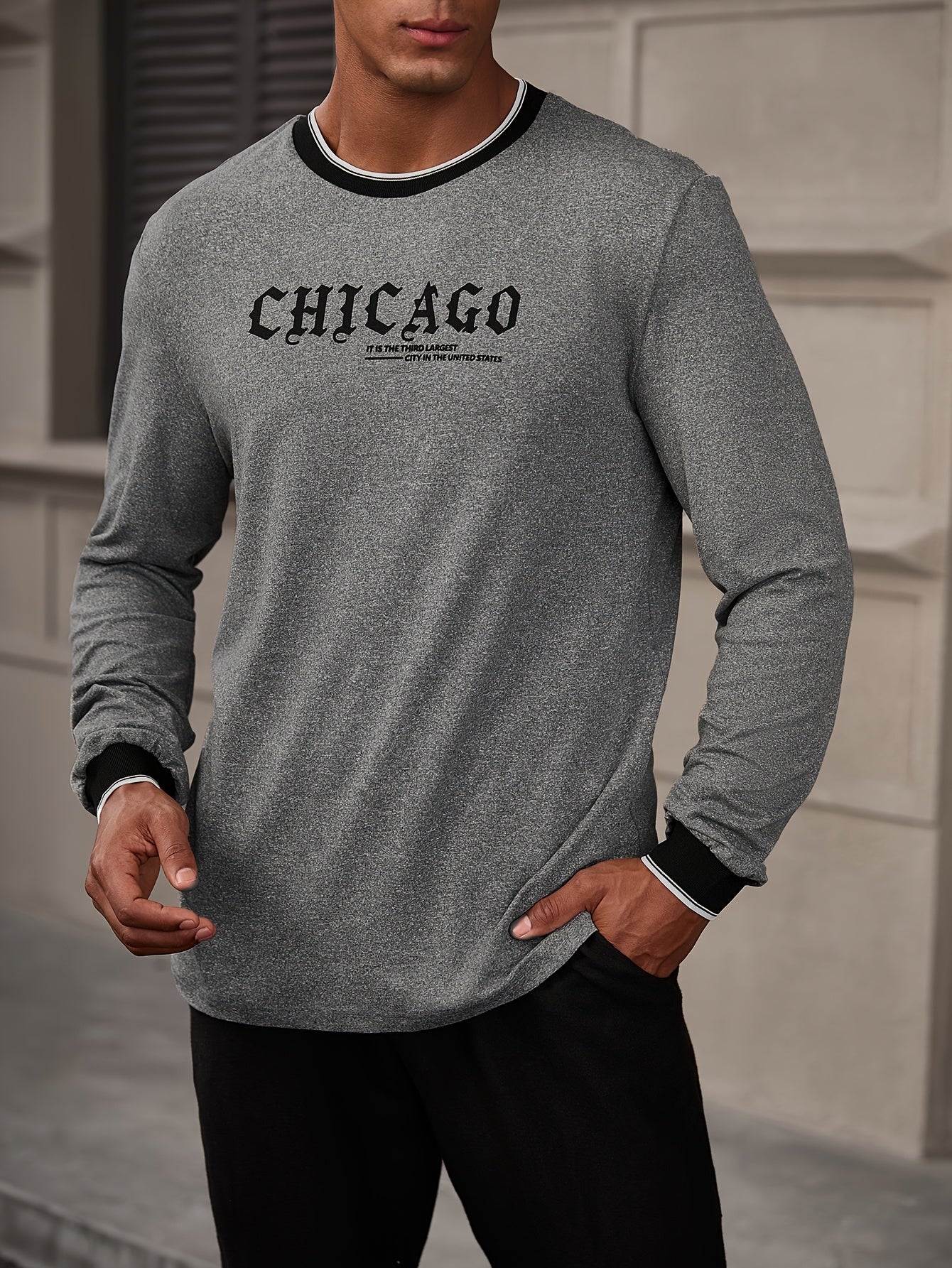 CHICAGO Print Men's Street Daily Long Sleeve High Stretch T-shirt, Spring Fall Outdoor, Men's Clothing