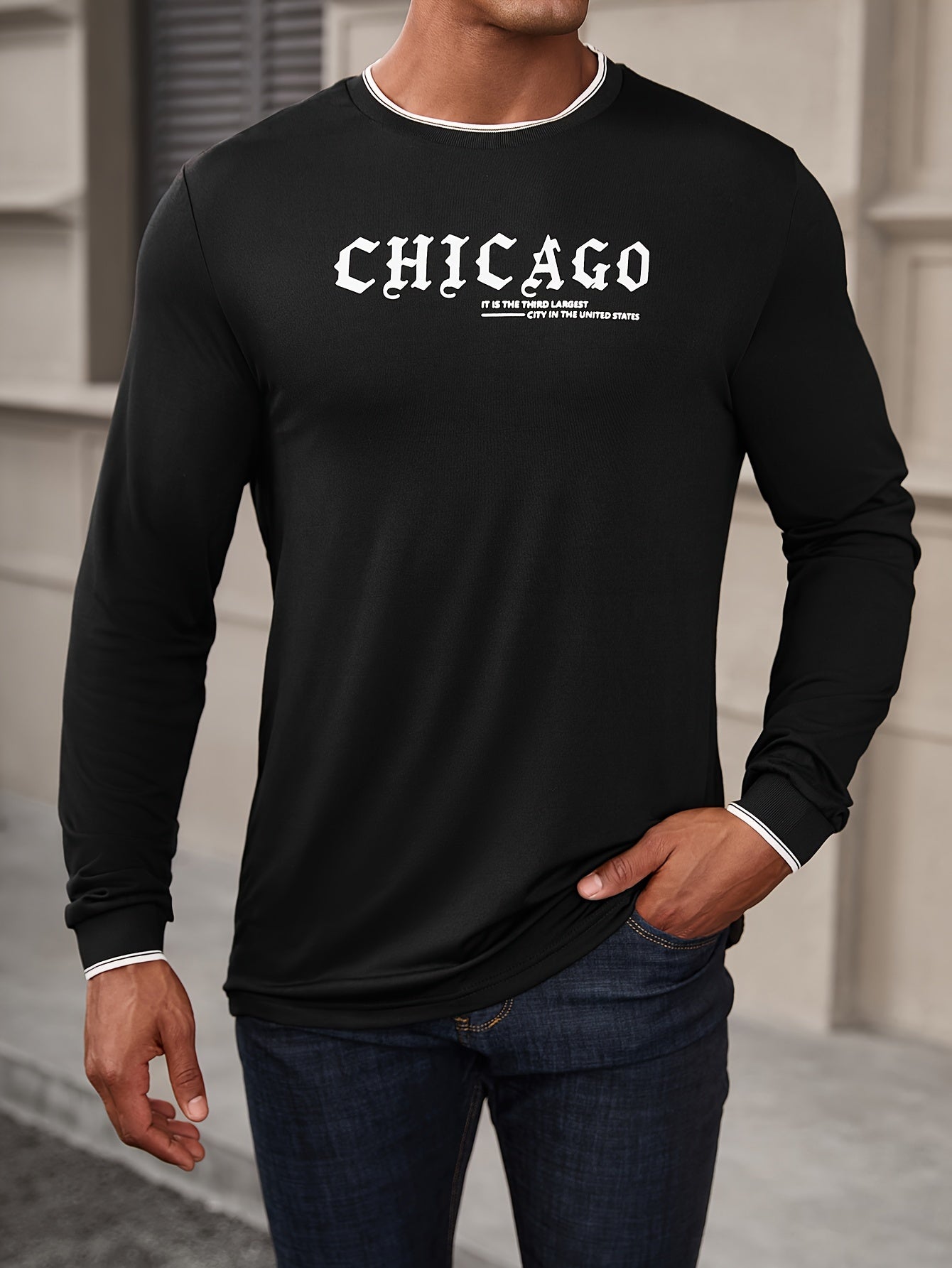CHICAGO Print Men's Street Daily Long Sleeve High Stretch T-shirt, Spring Fall Outdoor, Men's Clothing