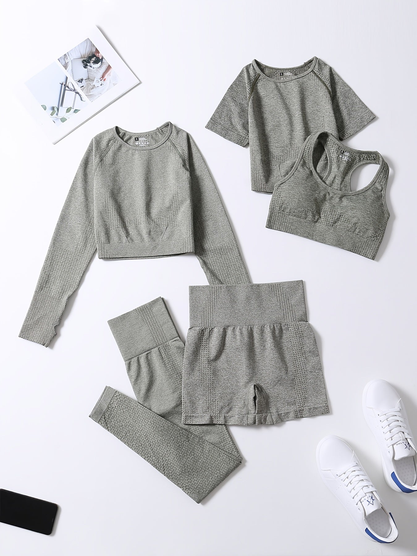 5pcs Seamless Yoga Suits, Racer Back Tank Top & Short Sleeve Cropped Top & Long Sleeve T Shirt & Shorts & Leggings Set, Women's Activewear