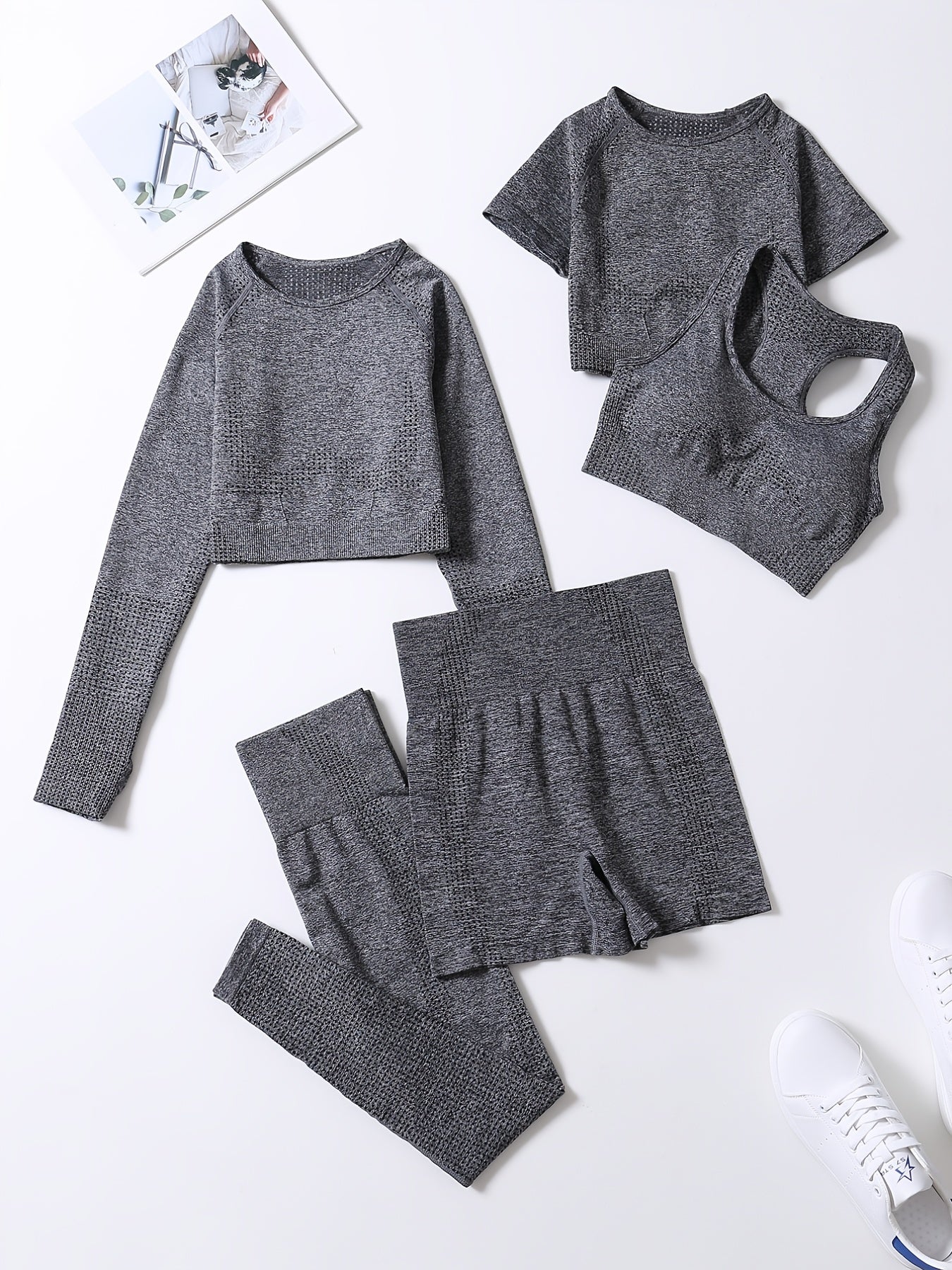 5pcs Seamless Yoga Suits, Racer Back Tank Top & Short Sleeve Cropped Top & Long Sleeve T Shirt & Shorts & Leggings Set, Women's Activewear