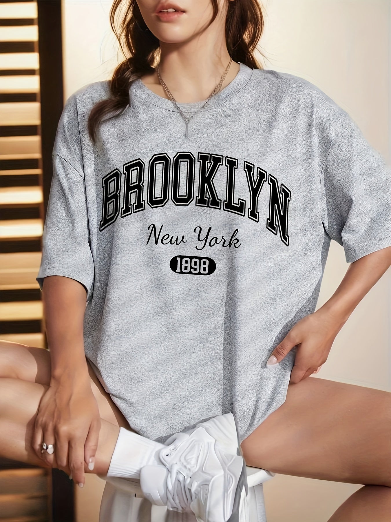 BROOKLYN Print T-shirt, Casual Short Sleeve Crew Neck Top For Spring & Summer, Women's Clothing